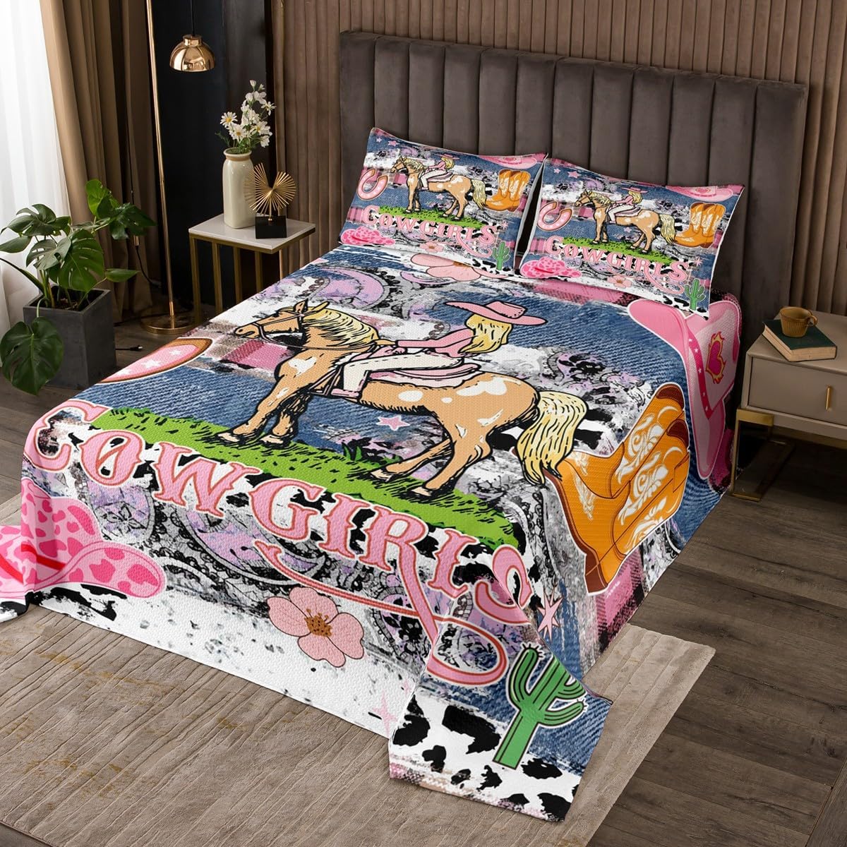 Western Bedding Quilt Kids Twin Size Cartoon Cowboy Cactus Cattle Skull Print Bedspread 2Pcs,Rustic Farmhouse Comforter Set American Southwest Coverlet Set for Boys Men Adult Room Decor,White