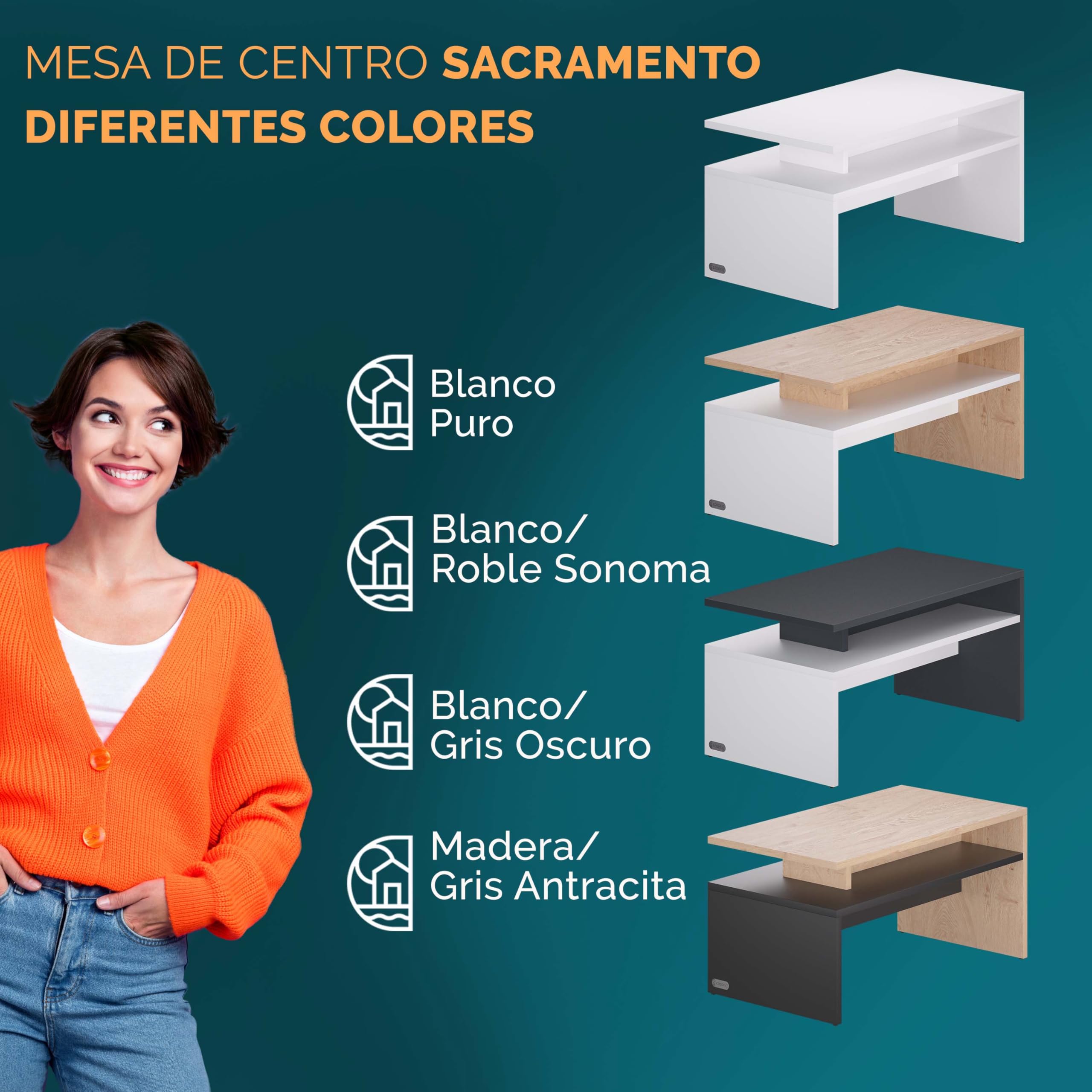 CASARIA® Mesa de Centro Sacramento 95x55x50cm Mesita Auxiliar Carga hasta 50kg Mueble de Salón Gris Madera