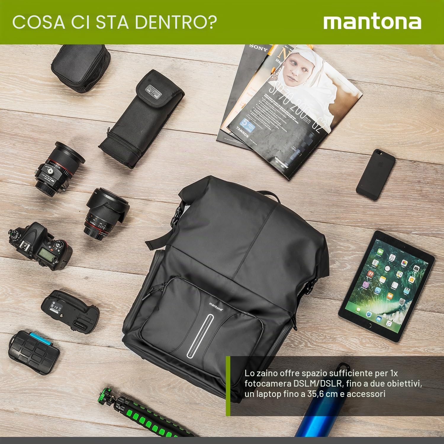 MANTONA Zaino per fotocamera SLR DSLR in materiale impermeabile con accesso rapido e chiusura a strappo