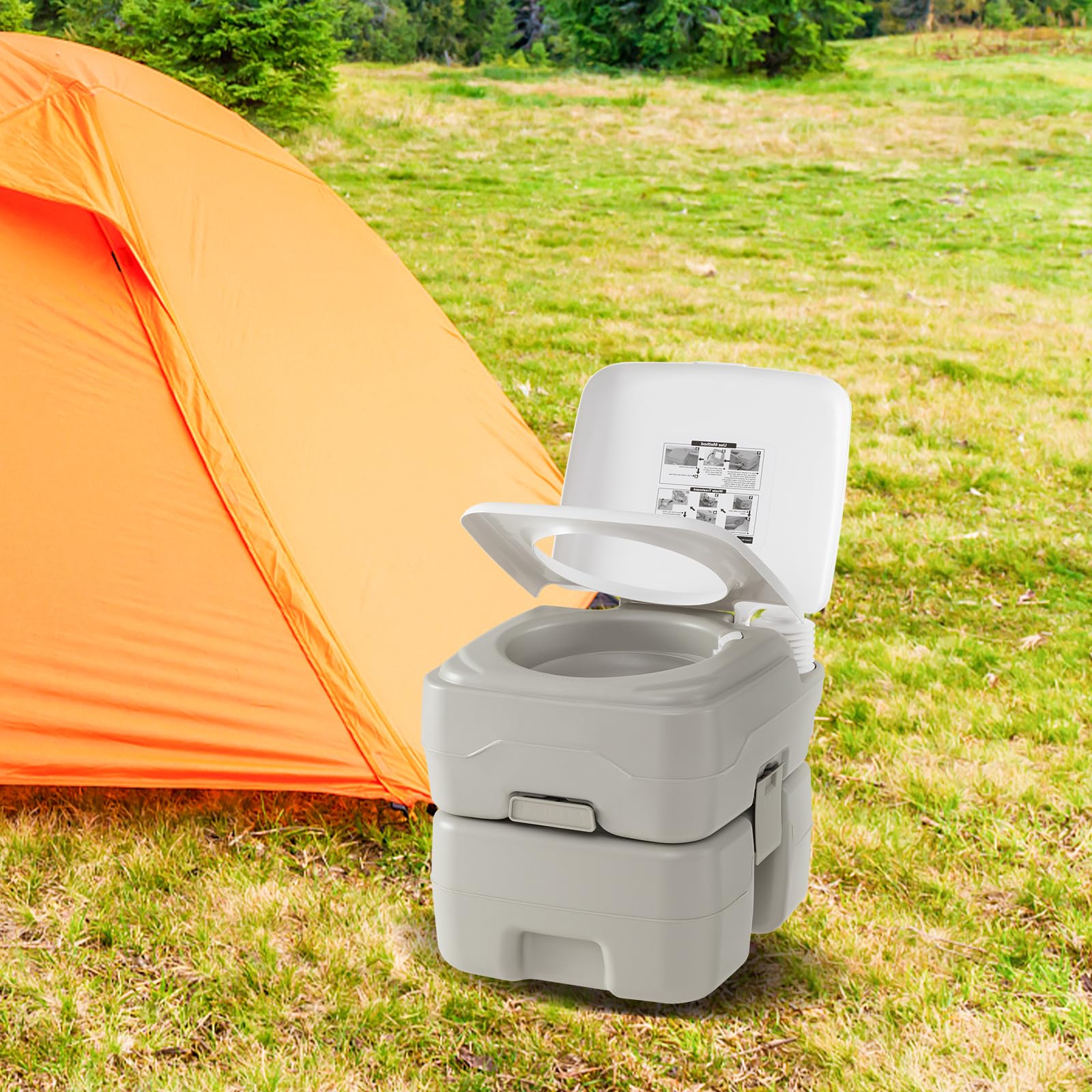 SOARS WC portatile da campeggio, WC portatile con pompa di risciacquo, serbatoio d'acqua 20 l + 10 l, carico 200 kg, altezza seduta 42 cm, imbuto telescopico, per campeggio, viaggio, auto, grigio