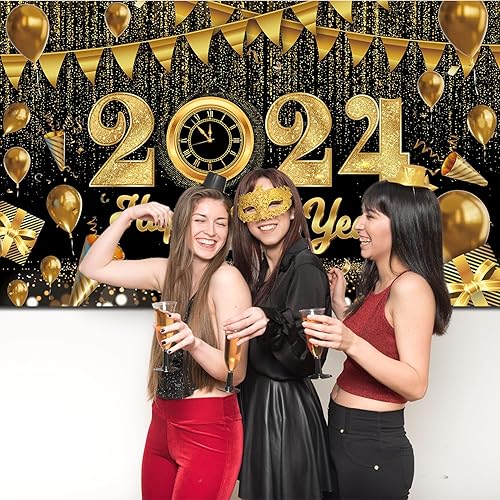 Miniatura 3 de Telón de fondo grande de 71 x 43 pulgadas con texto en inglés "Happy New Year" 2024, pancarta de feliz año nuevo 2024, fondo de Nochevieja 2024 para