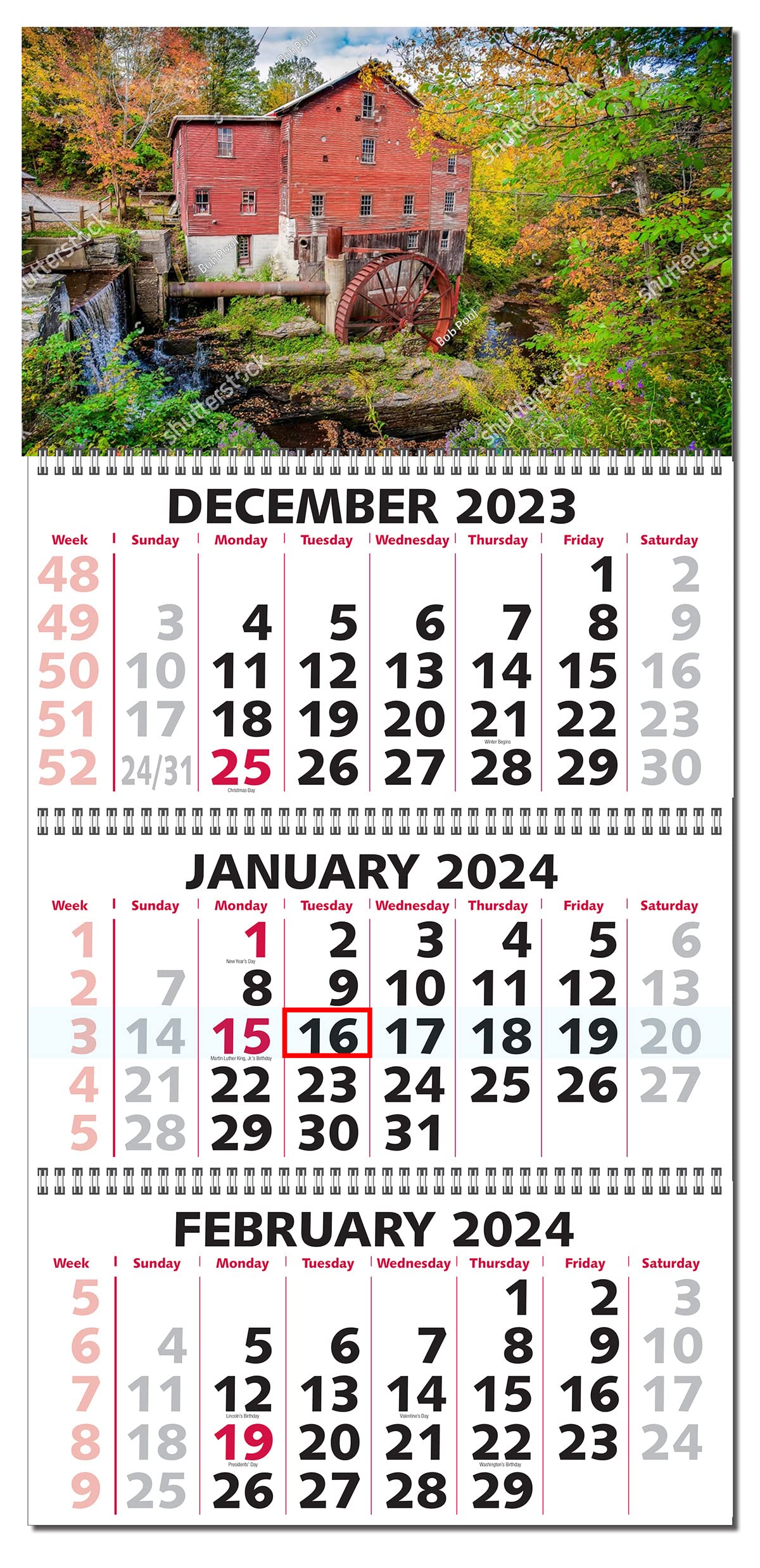 Calendar CompanyCalendar Company 2024 3 Month At a Glance with Scenic Grist Mill (FREE RED DATE SLIDE!) Made in the USA! (3MO_GristMill)
