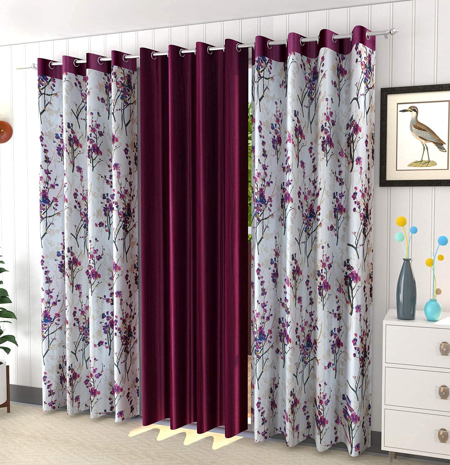 Parda Sansar Floral Curtains For Door 7Feet Pack Of 3 - Polyester Curtain Panel For Living Room Bedroom & Hall - 1 Plain & 2 Printed Grommet Curtains Drapes For Home Kitchen & Office, 7 Feet, Wine-image-6