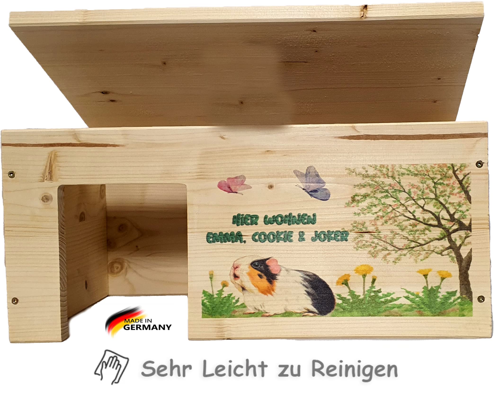Nagerstore Meerschweinchenhaus Personalisiert mit Wunschnamen ihrer Meerschweinchen mit 2 Eingängen, Holzlasur & Aufklappbar / 45x25x22cm
