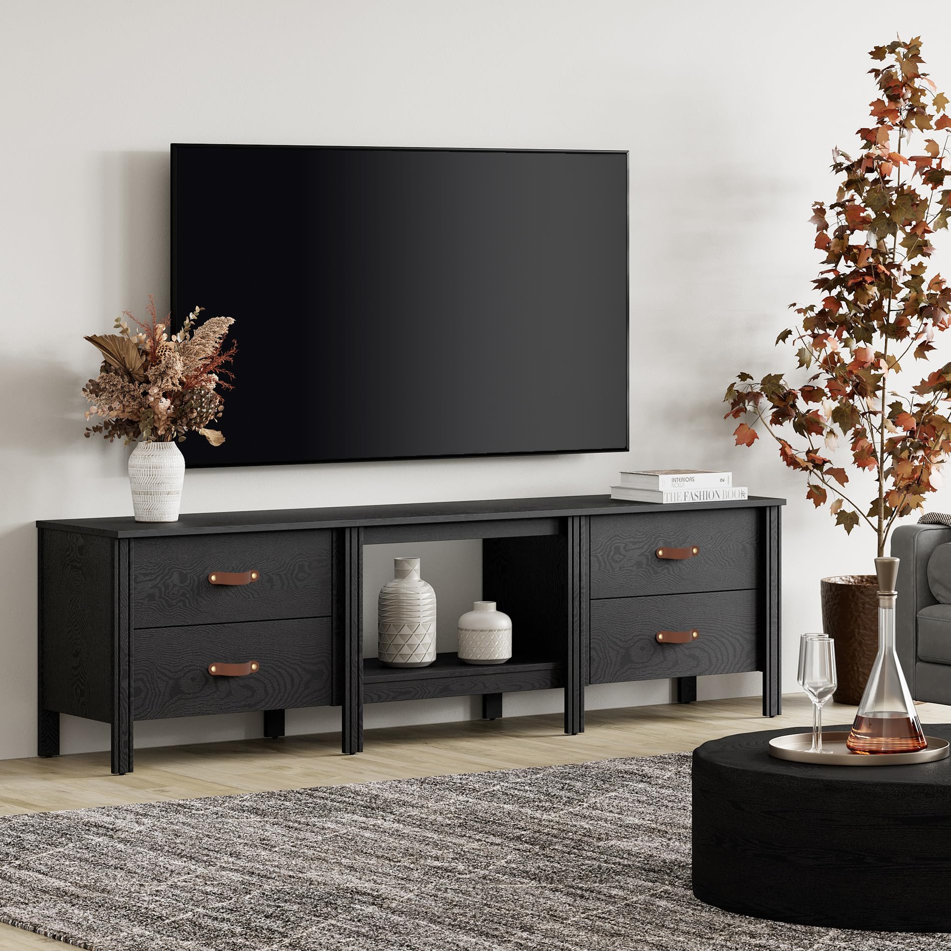 WAMPAT Farmhouse TV Stand for 80 Inch TV, Wood Entertainment Center for 75 70 65 inch TV Console Table with 1 Cubby Storage & 4 Drawers for Living Room Bedroom, Black