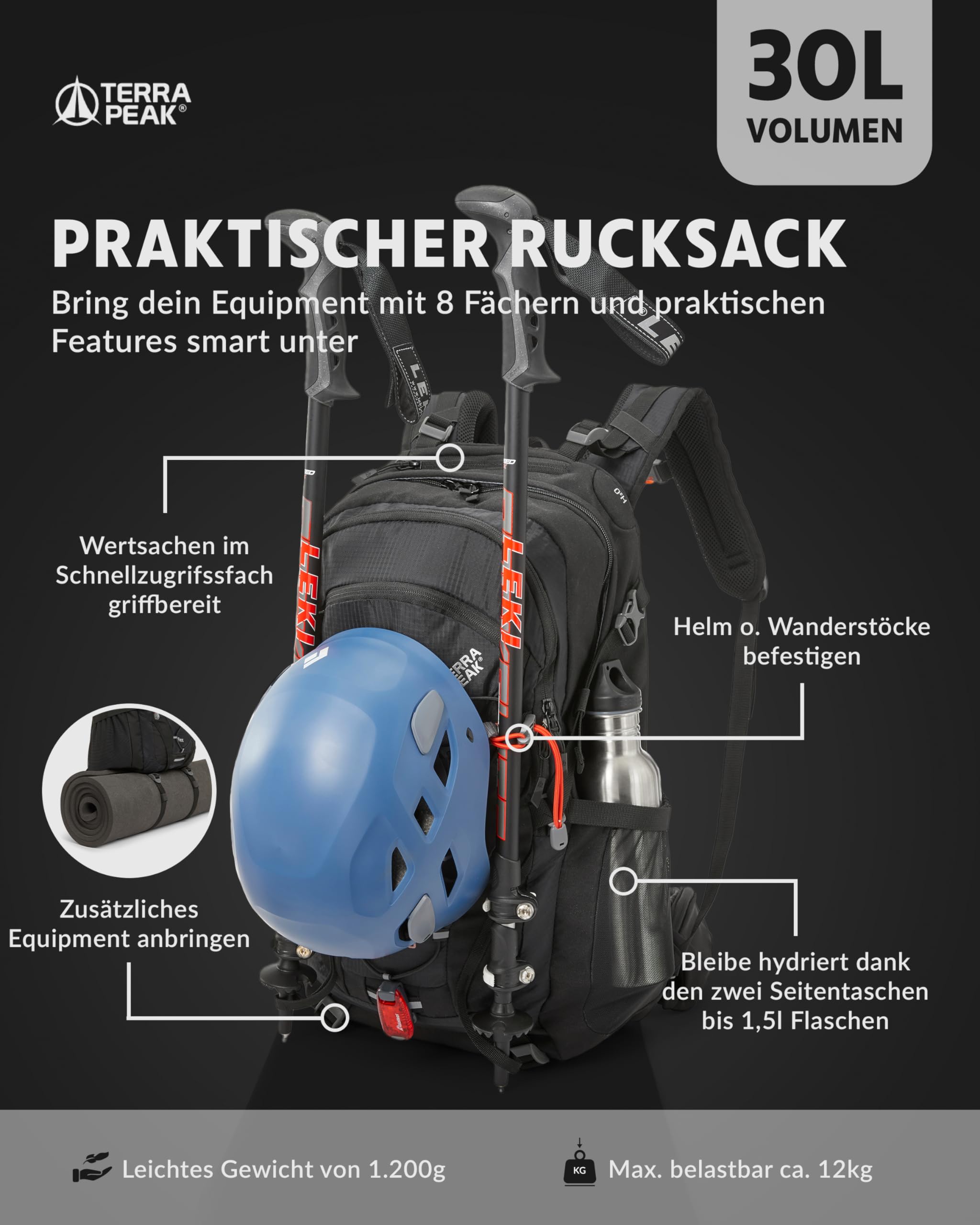 Terra Peak® Premium Wanderrucksack 30L (FLEX 30) für Damen & Herren mittelgroß mit Rückenbelüftung, Regenschutz & Trinksystem-Halterung - Trekkingrucksack ergonomisch aus 3D Air Mesh & Hüftgurt
