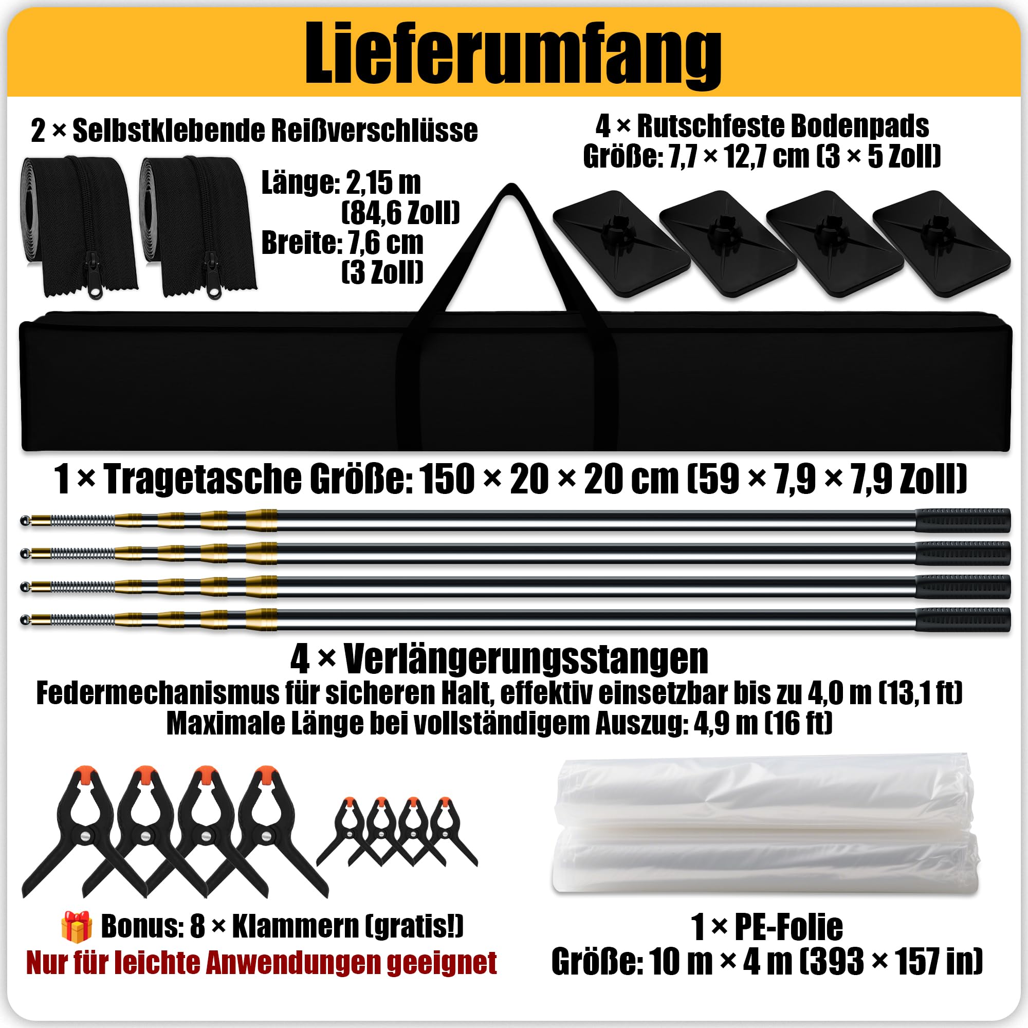 Staubschutzwand mit Reißverschluss – Staubschutztür-Set mit 4 Teleskopstangen (bis 4,8 m/16 FT), 3 mil PE-Folie, 2 selbstklebenden Reißverschlüssen für Baustelle & Renovierung