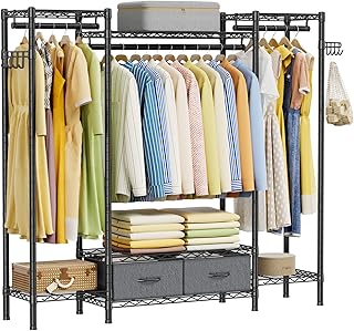 Golpart Heavy Duty Clothing Rack with Adjustable Shelves Clothes Wardrobe | Coat Rack Metal Closet Organizer and Storage Garment Rack for Hanging Clothes Wire Portable Cloth System Free Standing Black