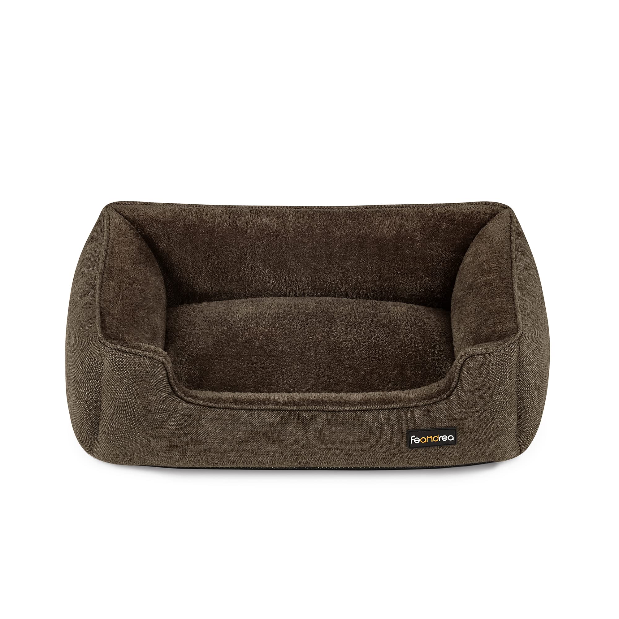 FEANDREA Cuccia per Cani, Lettino per Animali in Simil Lino, Bordi Rialzati, Fondo Antiscivolo, Copertura Sfoderabile per Lavaggio, Taglia M per Cane Piccolo, 70 x 55 x 21 cm, Marrone PGW10CC