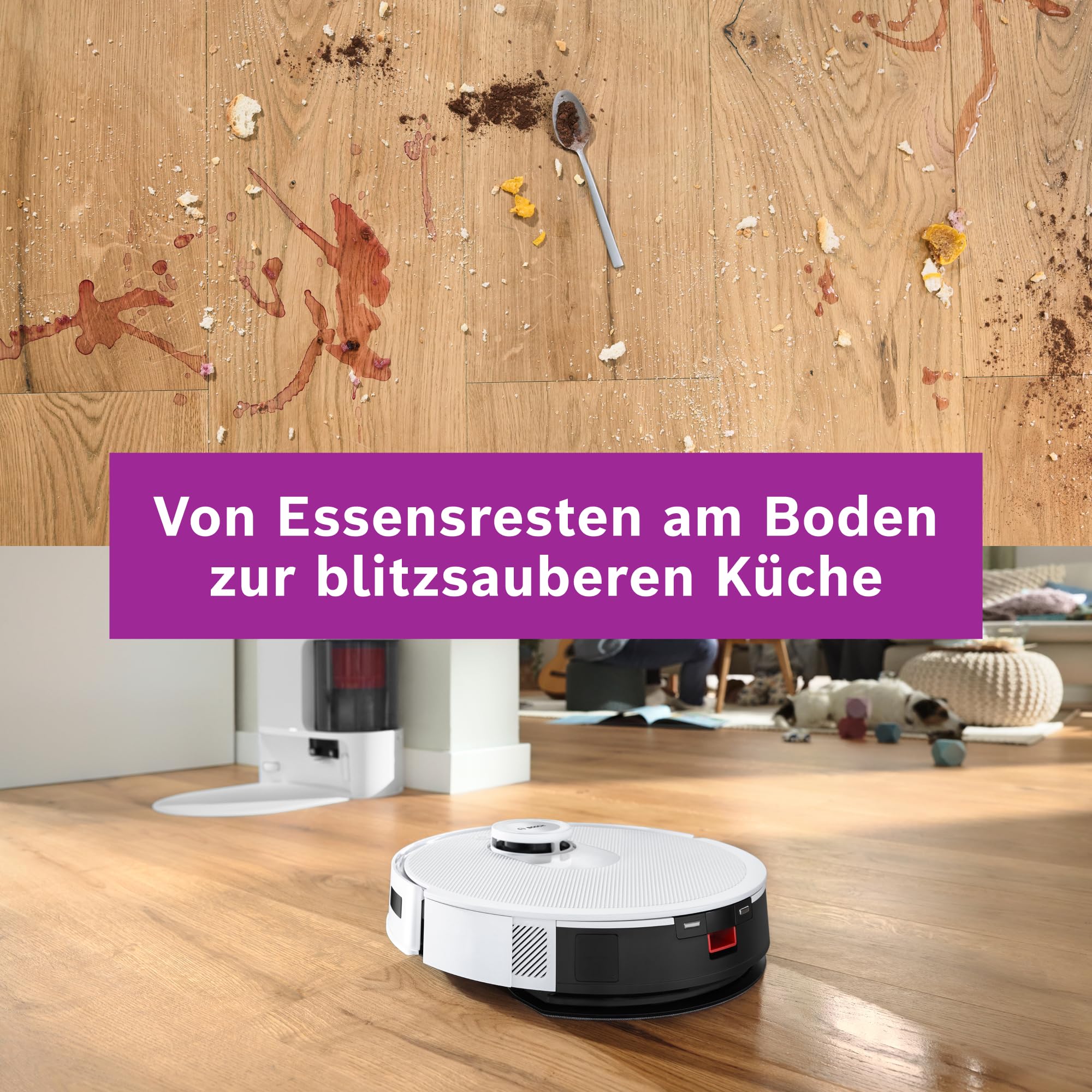 Bosch Spotless + BCRD1W Saugroboter mit Wischfunktion, 11.000 Pa Saugkraft, Wischpad, Trocken-Servicestation, Smart Vision Navigation mit Infrarot-Licht, Steuerung per App, weiß
