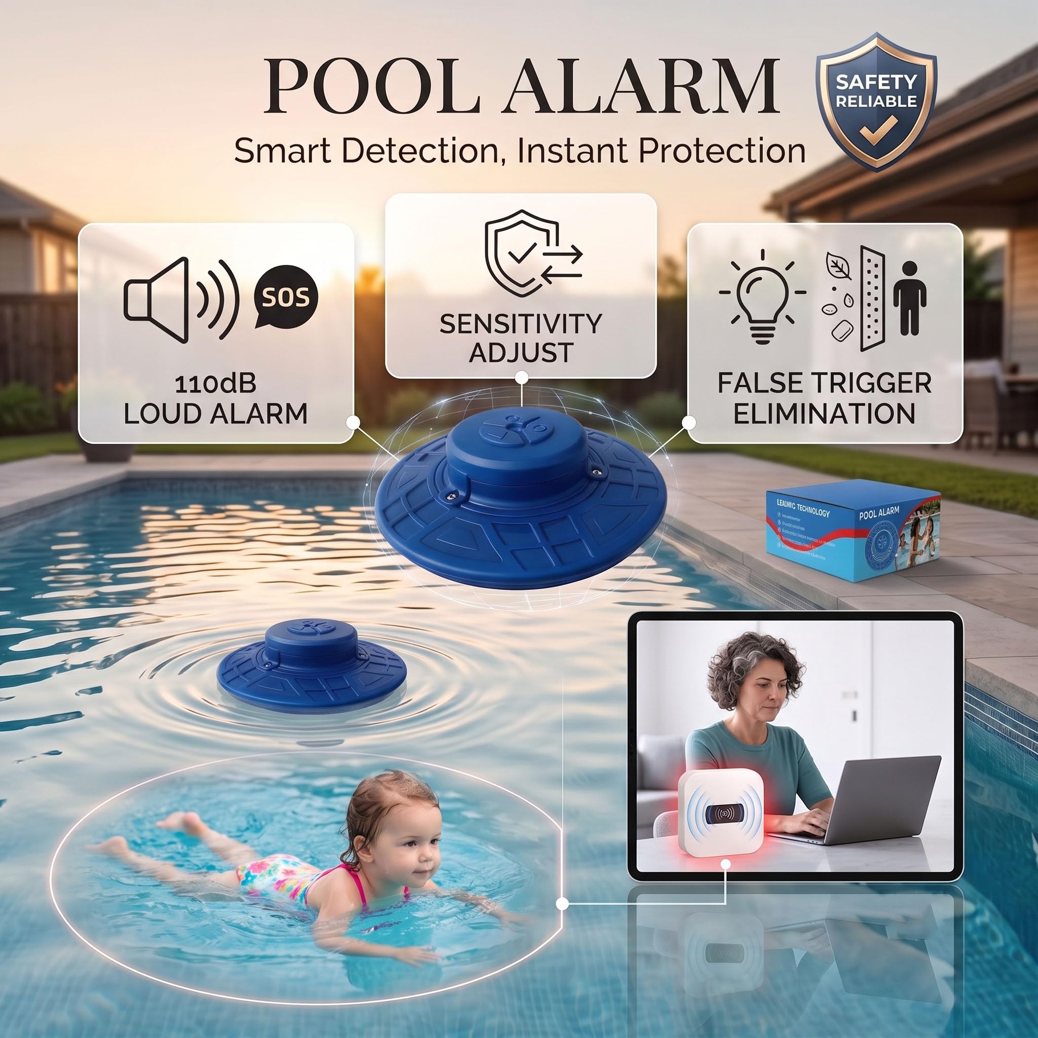 Alarme de piscine flottante avec récepteur intérieur, 85 dB ultra fort détecteur de mouvement pour piscines creusées et hors sol – Sensibilité réglable pour la sécurité des enfants et des animaux