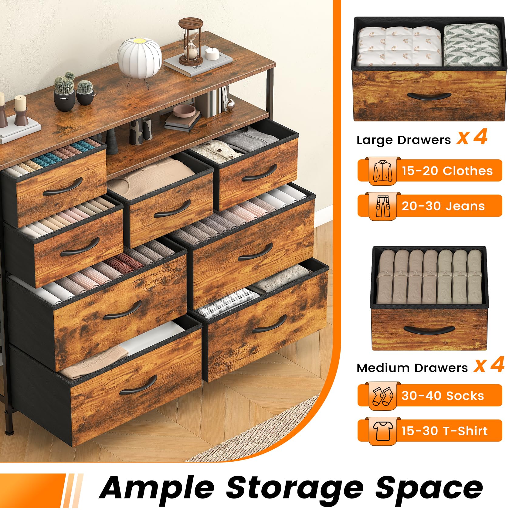 Cassettiera con 8 cassetti, cassettiera in tessuto con piano in legno, per camera da letto, soggiorno, marrone rustico