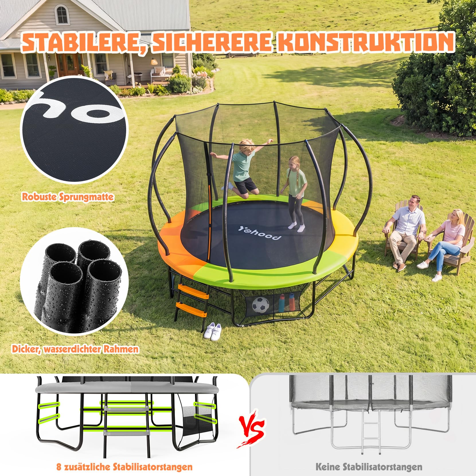 Trampolin Outdoor Ø228/305/366 cm, GS-Zertifikat, Gartentrampolin für Kinder, Stabile Rahmenkonstruktion, Trampolin mit Tasche, Leiter, Randabdeckung & gepolsterten Netzstangen