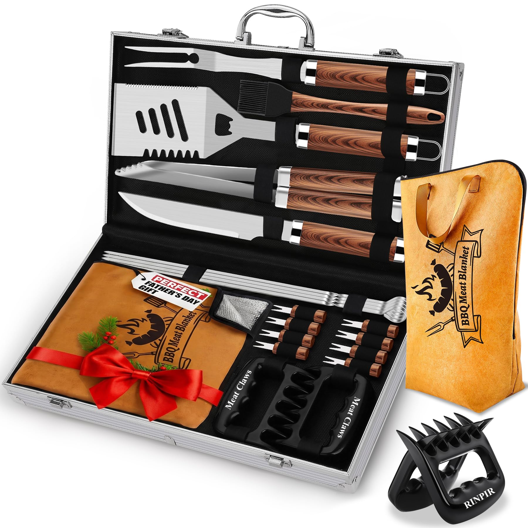 RINPIR - Set di 21 accessori per barbecue con coperta di carne riutilizzabile da 53 cm, regalo per la festa del papà per uomini e papà strumenti per griglia in acciaio