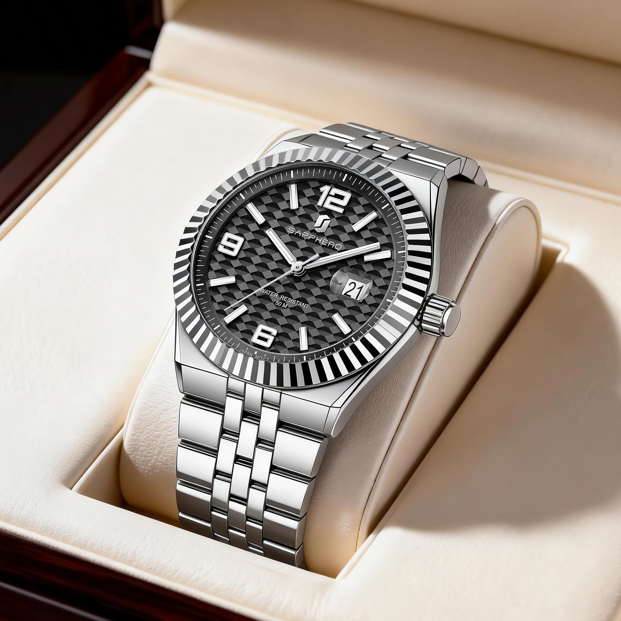SAPPHERO Herrenuhren Herren-Quarz-Analoguhr Edelstahlarmband mit Datumsfenster Leuchtende Designeruhr 50 m wasserdicht Luxusuhr für Geschäft Arbeit | Wasserdicht bis 30 m, Datumsdesign, Sport, Freizeit, Business, elegant, Geschenk für Herren, Skelettuhr