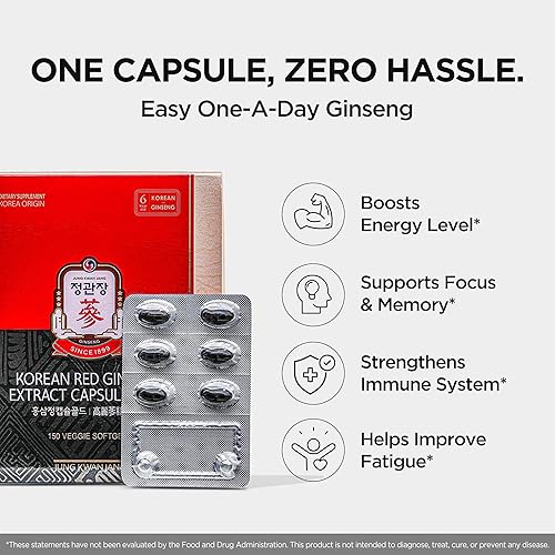 Miniatura 3 de JUNG KWAN JANG Cápsula de extracto de ginseng rojo coreano dorado, suplementos energéticos veganos, sin cafeína y sin OMG (600 mg, 150 cápsulas)