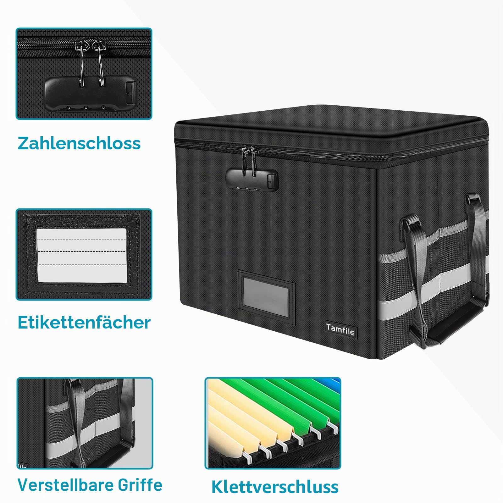 Tamfile Feuerfeste Dokumentenbox, Akten Organizer Box mit Schloss, Schwarz | Wasserfeste, Zusammenklappbare Dokumenten-Aufbewahrungsbox, Tragbare, Aktenbox zum Aufhängen, Für Briefen/Rechtsordnern, Büro