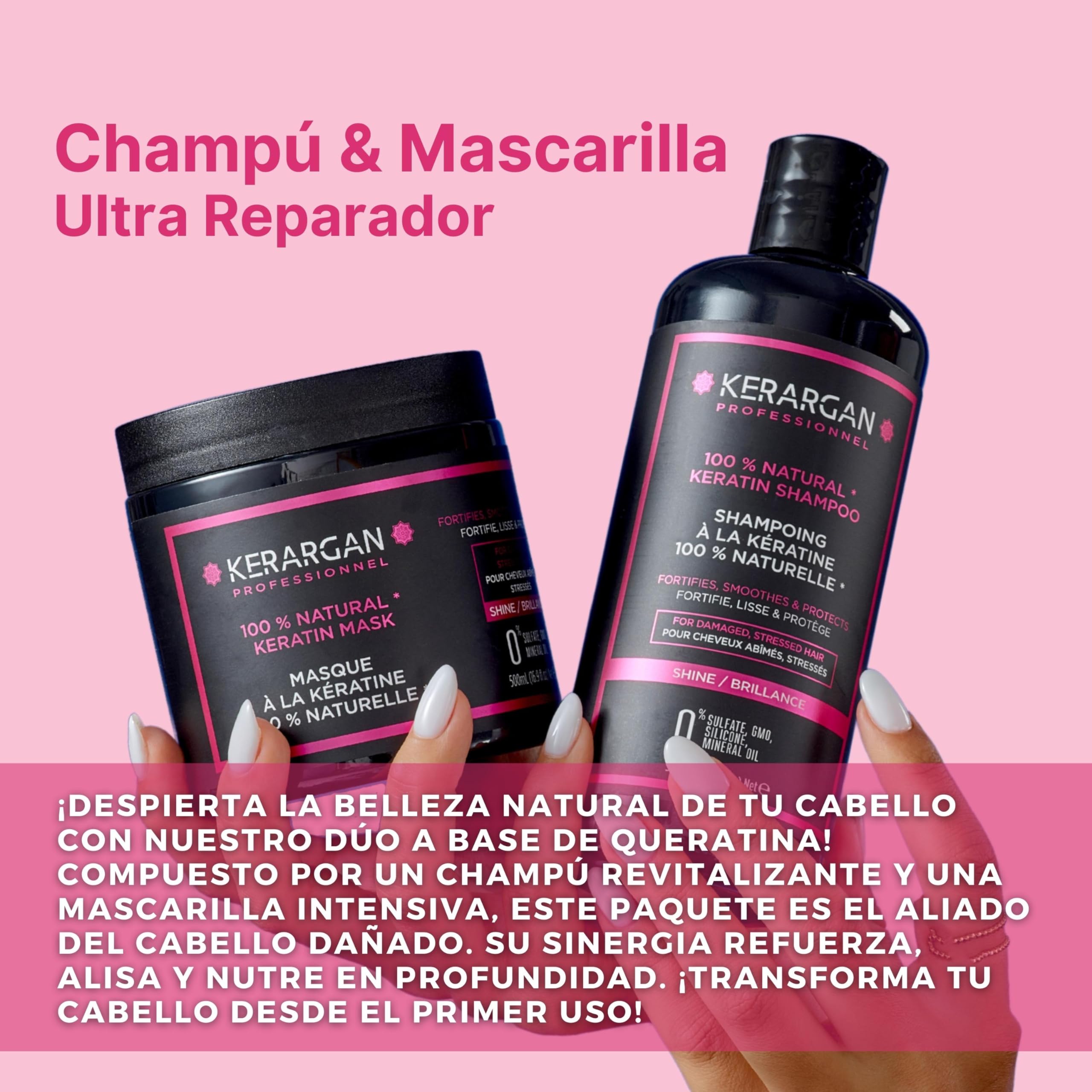 Kerargan - Dúo Ultra Reparador Champú & Mascarilla con Queratina para Cabellos Dañados y Estresados - Nutre, Suaviza & Protege - Sin Sulfatos, GMO, Silicona - 2x500 ml | Champú y mascarilla para limpiar y reparar intensamente el cabello dañado o castigado