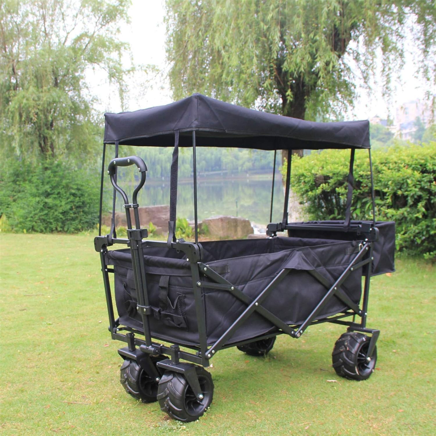 Garden Carts Outdoor Utility Wagon Folding Garden Beach Shopping Camping Cart Garden Trolley Carts Outdoor Trolley (Color : Black, Size : One Szie) (Black One szie)
