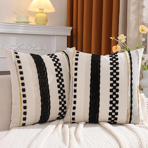 Miniatura 2 de Tosleo Juego de 2 fundas de almohada bohemias de 18 x 18 pulgadas, fundas de almohada decorativas de felpilla con diseño de rayas negras y beige,