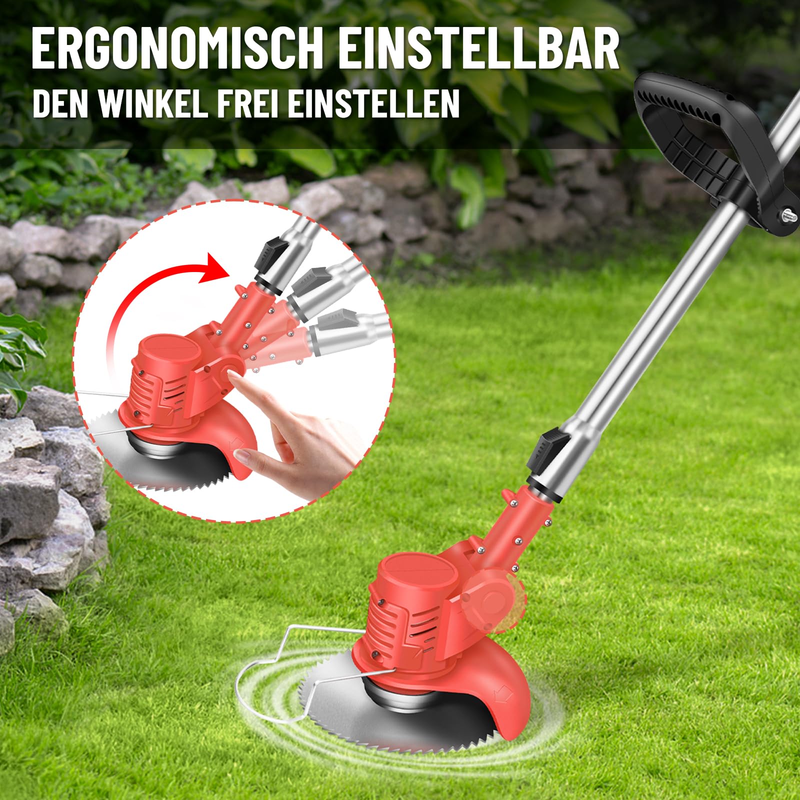 Desbrozadora de césped con batería, 21 V, ángulo de cabeza ajustable, batería recargable de 1500 mAh, mango ajustable de 84 a 120 cm, desbrozadora eléctrica para césped, jardín, poda, color rojo
