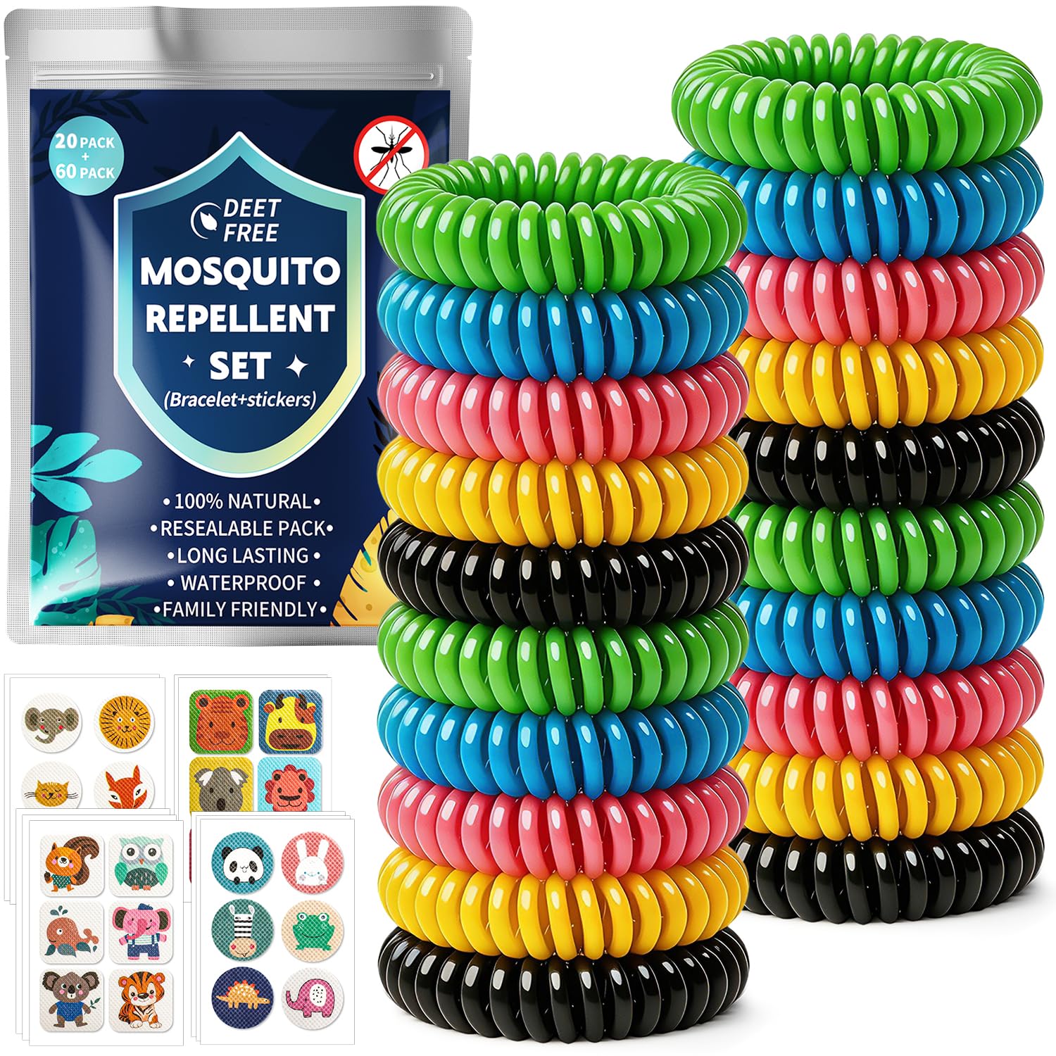 Mückenschutz Armband Mückenarmband - 20 Stück Anti Mücken Armband mit 60 Mückenpflaster für Kinder Erwachsene, Camping Zubehör Gadgets Reise Outdoor Mückenabwehr Armband, Urlaub Must Haves Sport