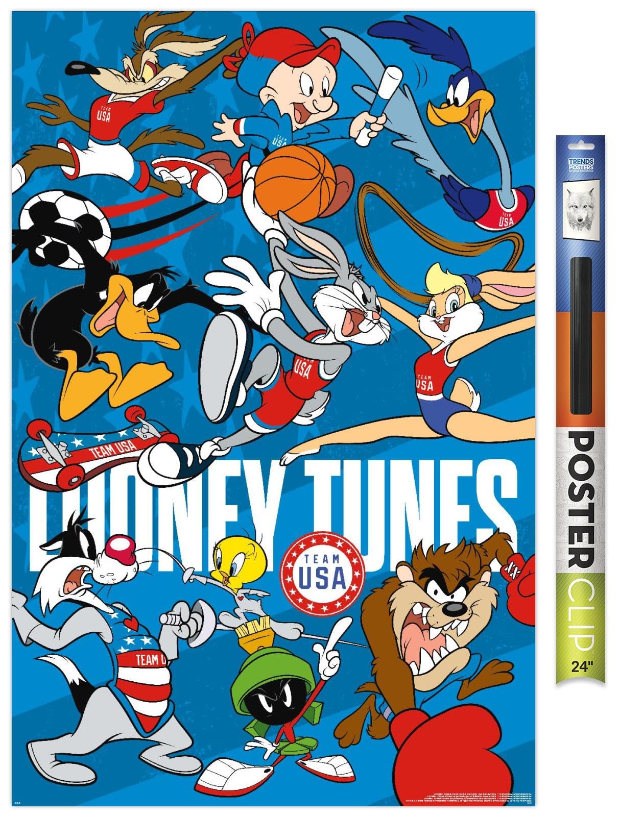 Trends International Looney Tunes x Team USA - Group Wall Poster, 34L x 22.4W, Premium Poster & Clip Bundle