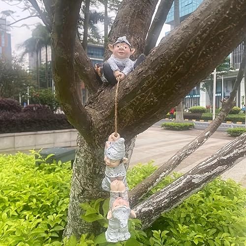 Miniatura 6 de Kahbin Gnomo trepador de árbol, estatuas de gnomo de jardín, decoración al aire libre, cuerda de escalada de gnomo, decoración de resina para