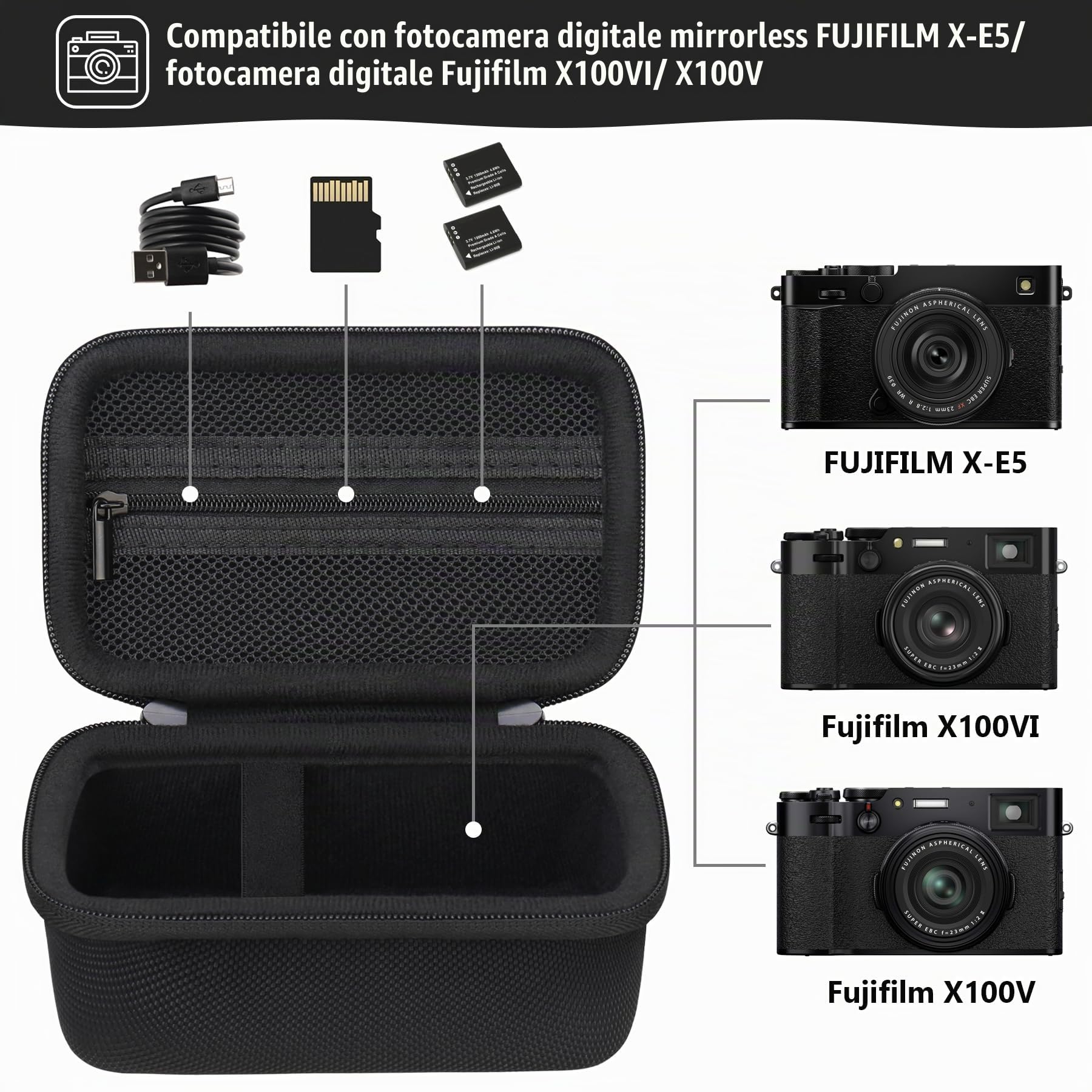 Custodia di viaggio dura per fotocamera digitale Fujifilm X100VI / X100V, custodia di archiviazione fotocamera digitale con tasca in rete per batterie, scheda SD, cavo USB, Nero