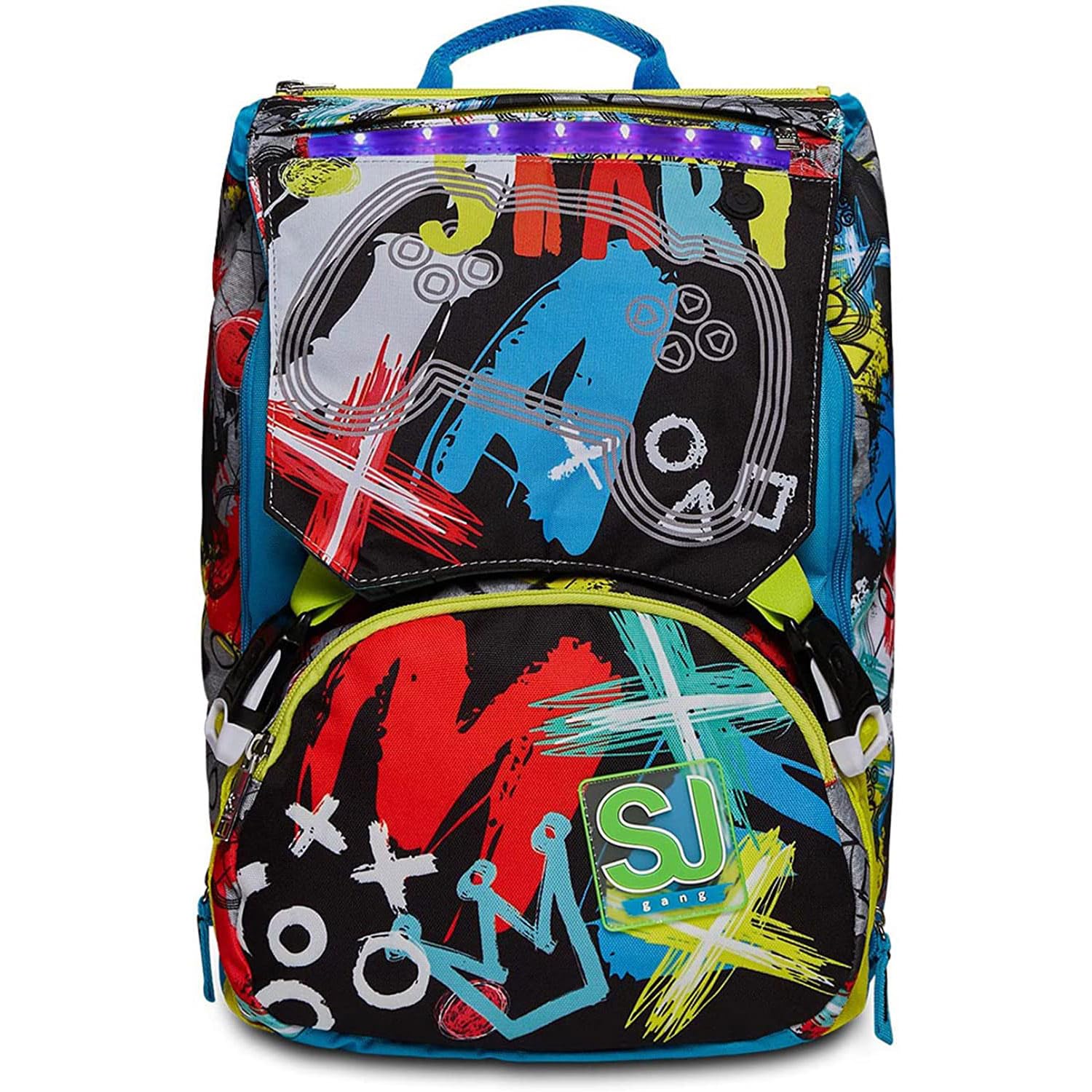 SJ GANG STYLE JAM GANGExpandable School Backpack, Yellow Blue, Gritzled Boy, Expandable Double Compartment Backpack with Bright LED and Fold-Out Skates, Elementary School and Leisure, Child