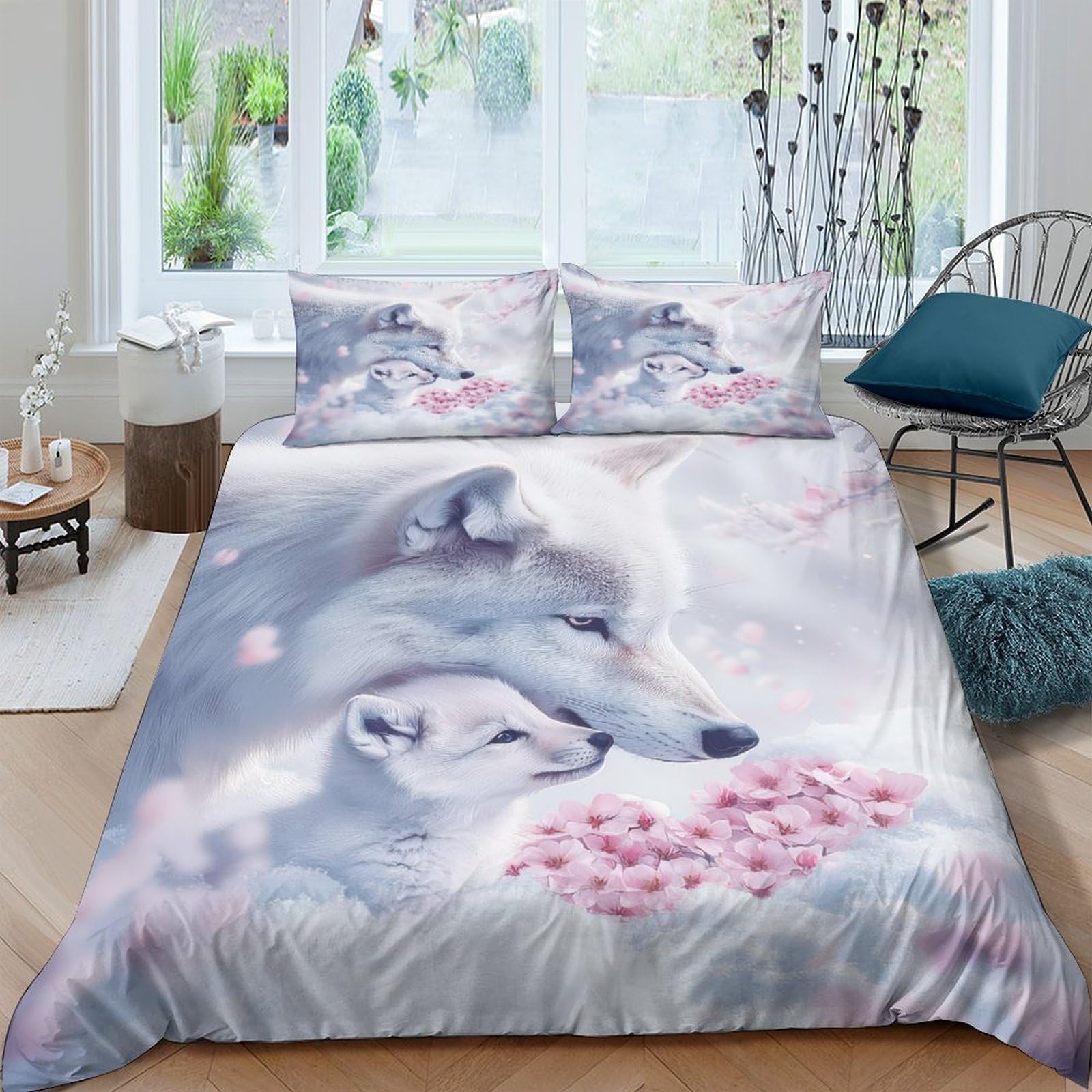 TUFRTGYHN 3D Printed Wolf Family Duvet Cover Microfiber Soft Breathable Floral Bedding Set with 2 Pillowcases for Bedroom Decor Single（135x200cm）