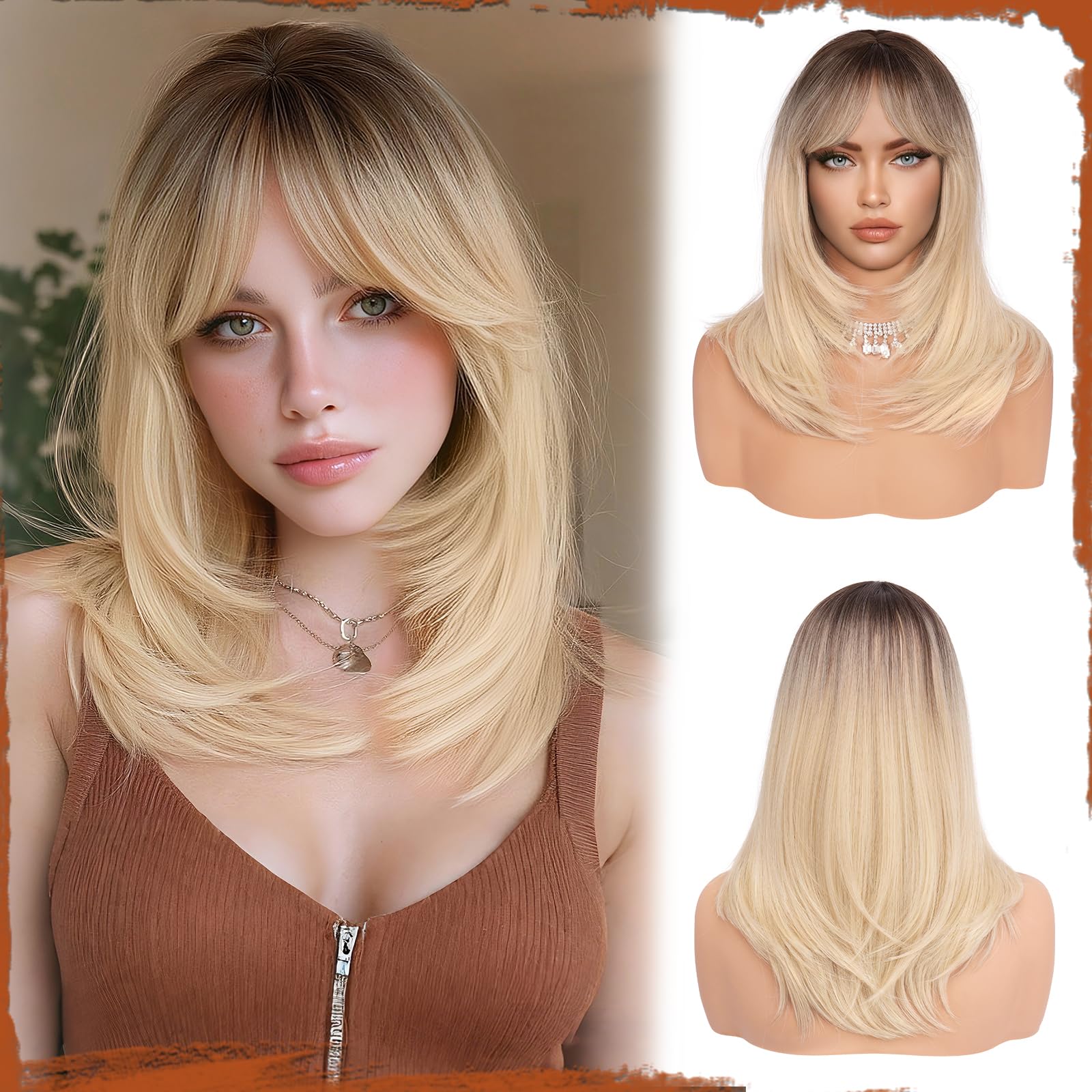 Sofeiyan Parrucca Lunga Dritto con Frangia, 40 cm Bionda Parrucca Donna Naturale Stratificato, Parrucche Sintetica Resistente per Use Quotidiano le Feste e il Cosplay
