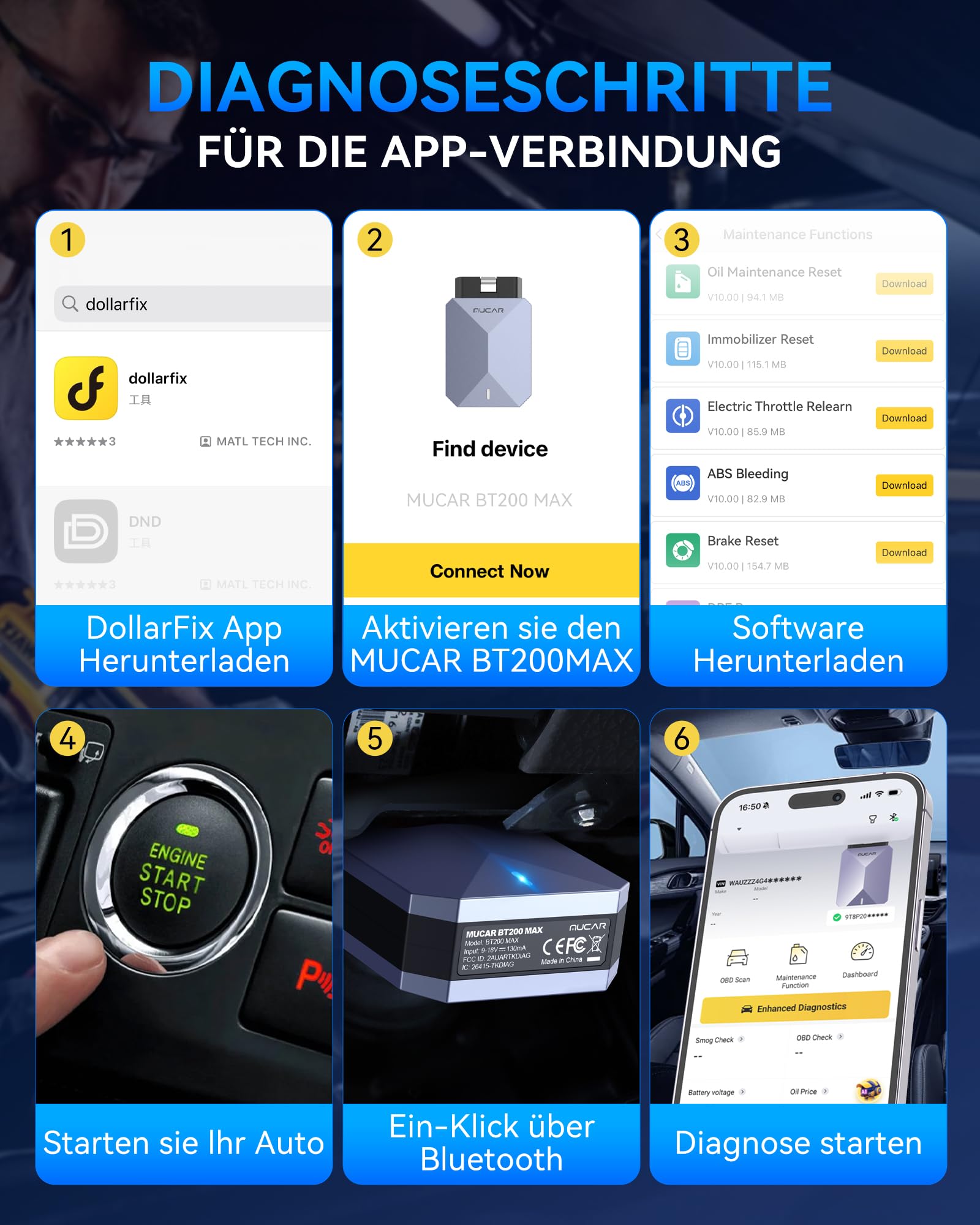 MUCAR BT200 MAX AI-Hilfsfunktion OBD2 Bluetooth Adapter, OBD2 Diagnosegerät Unterstützung ELM327, Auto Auslesegerät Mit Volle System+15 Reset, Für iOS&Android/Aktives Testen/CANFD-Kostenlose Updates