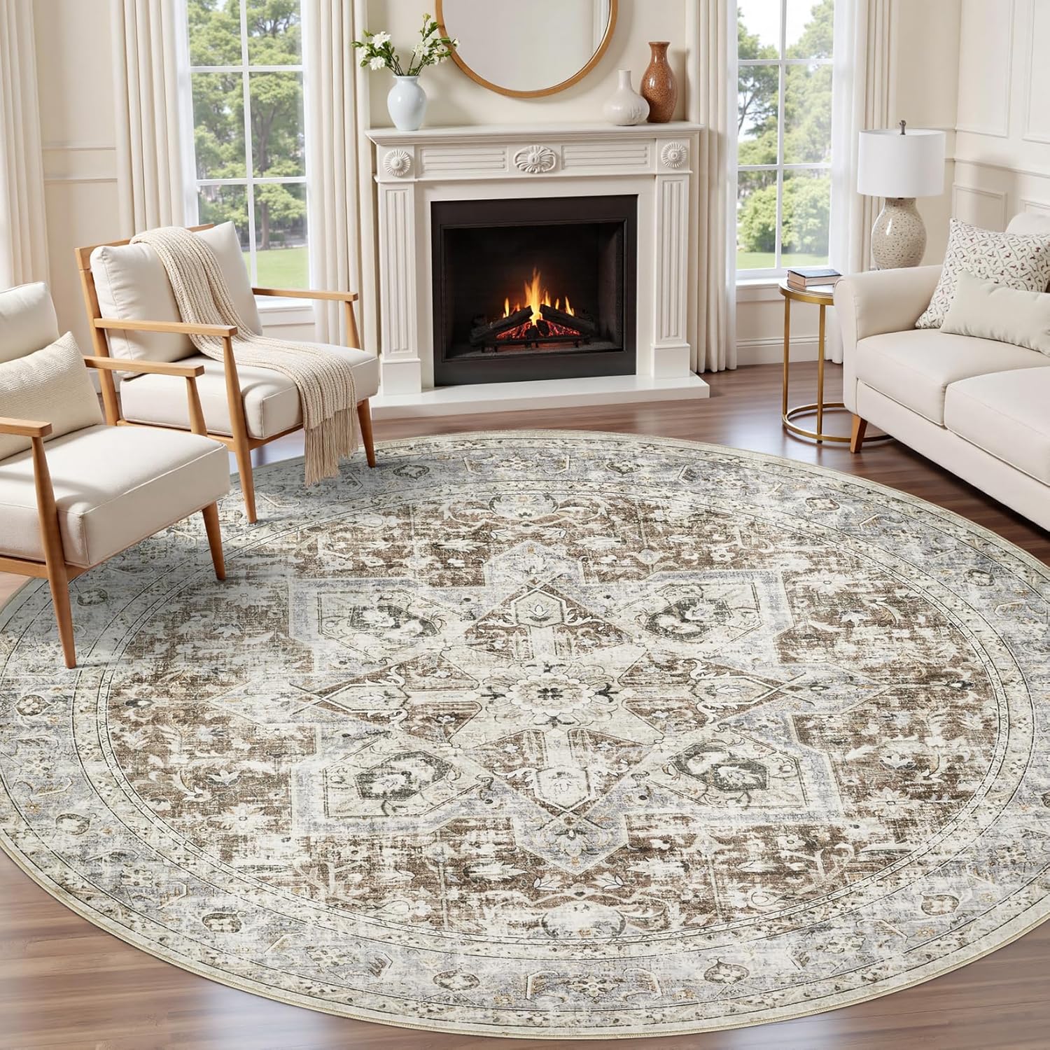 Tortania 10' Round Area Rug Living Room Rugs - Washable Boho Rug Vintage Oriental Distressed Farmhouse Large Thin Indoor Carpet for Bedroom Under Dining Table Home Office - Brown Blue 10' (Round) Brown Blue