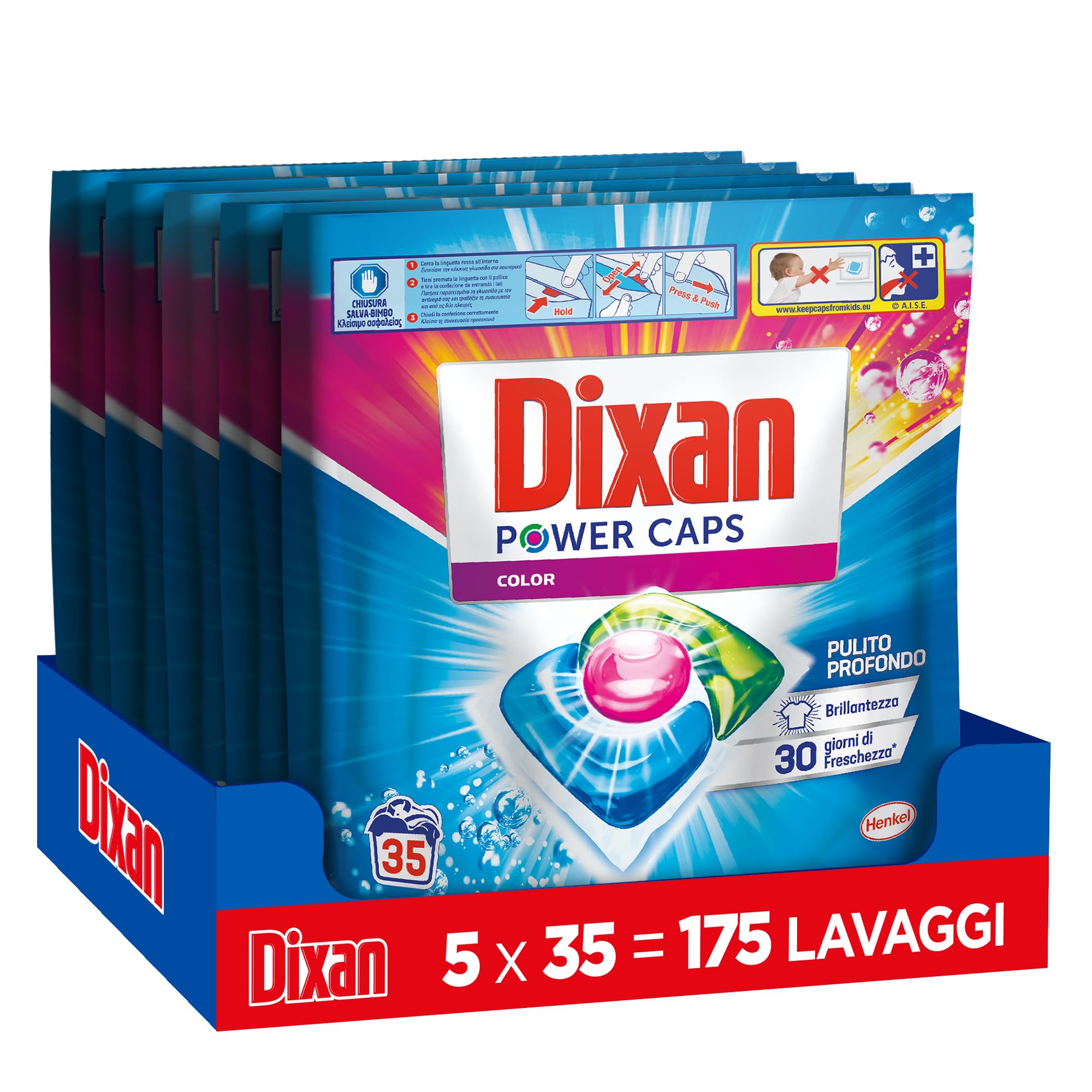Dixan Power Caps Color, Detersivo Lavatrice in Capsule, 5 Confezioni da 35 PZ