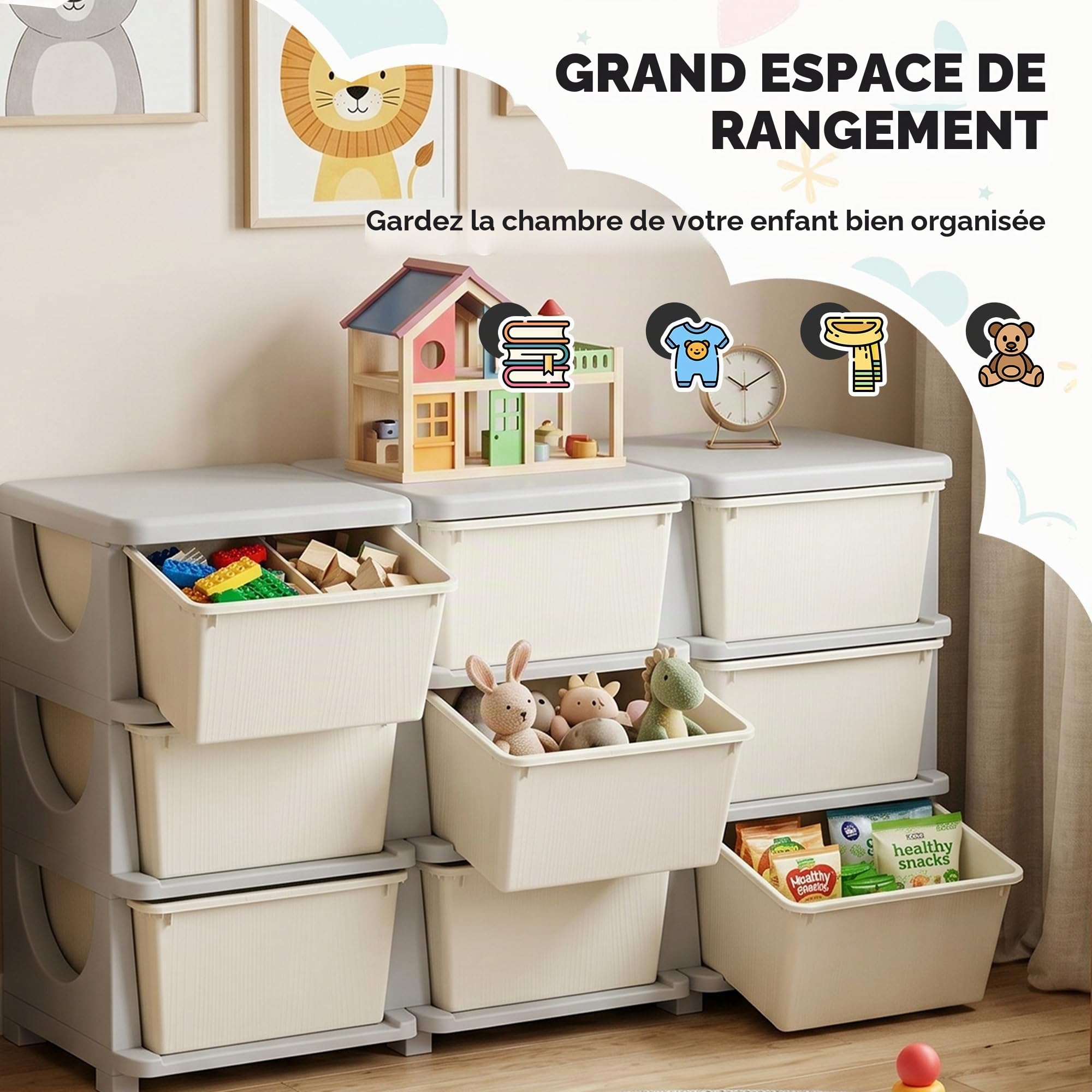 HOMCOM Meuble de rangement en plastique à 9 tiroirs, meuble de rangement pour enfants à 3 niveaux, coffre à jouets pour enfants pour la chambre d'enfants, la salle de jeu, la chambre à coucher, crème