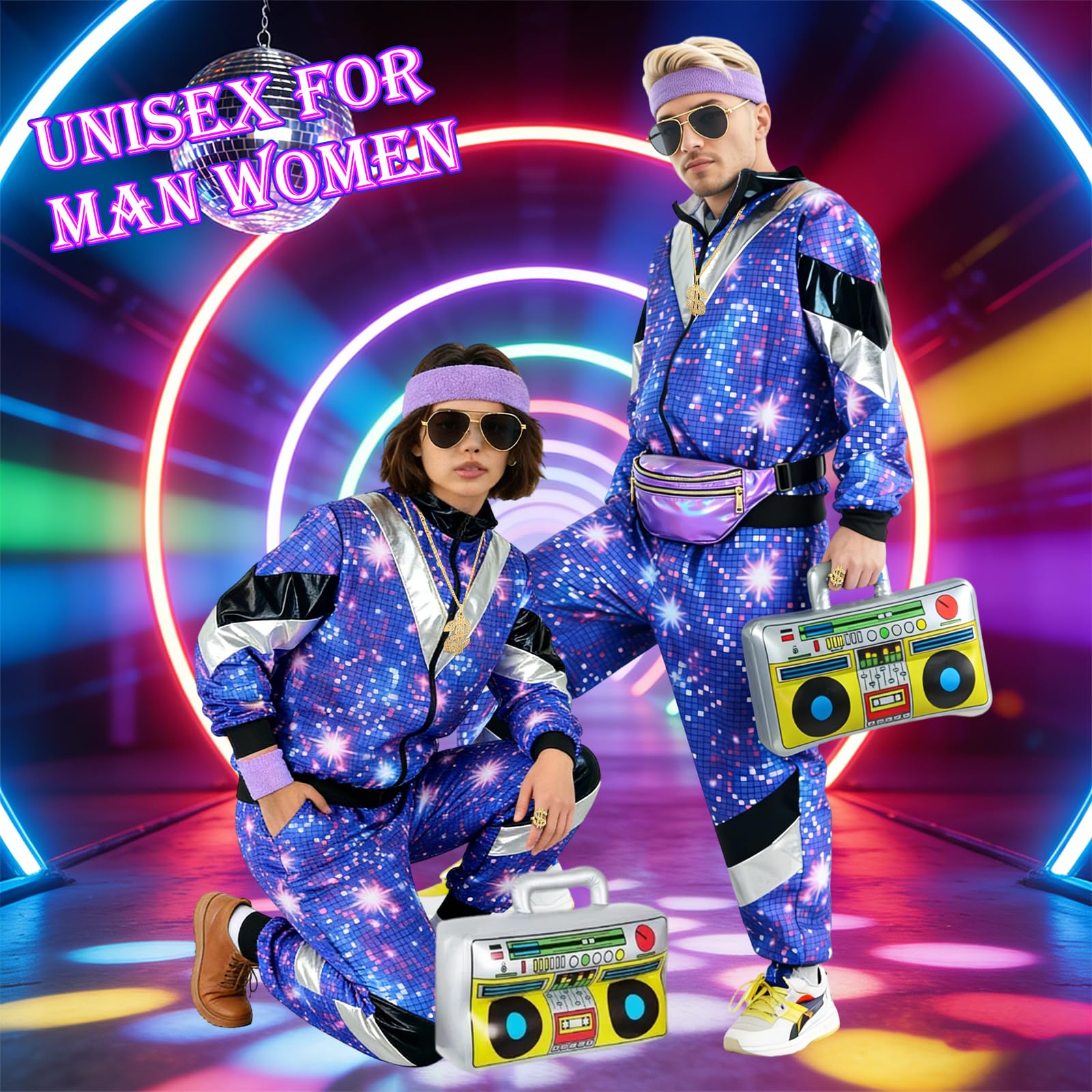 Déguisement Année 80 Homme Femme Costume Années 80 Survêtement Rétro Avec Veste Et Pantalon, Déguisement Année 80 90 Accessoire Deguisement Disco pour Carnaval, Soirée Deguise, Jogging