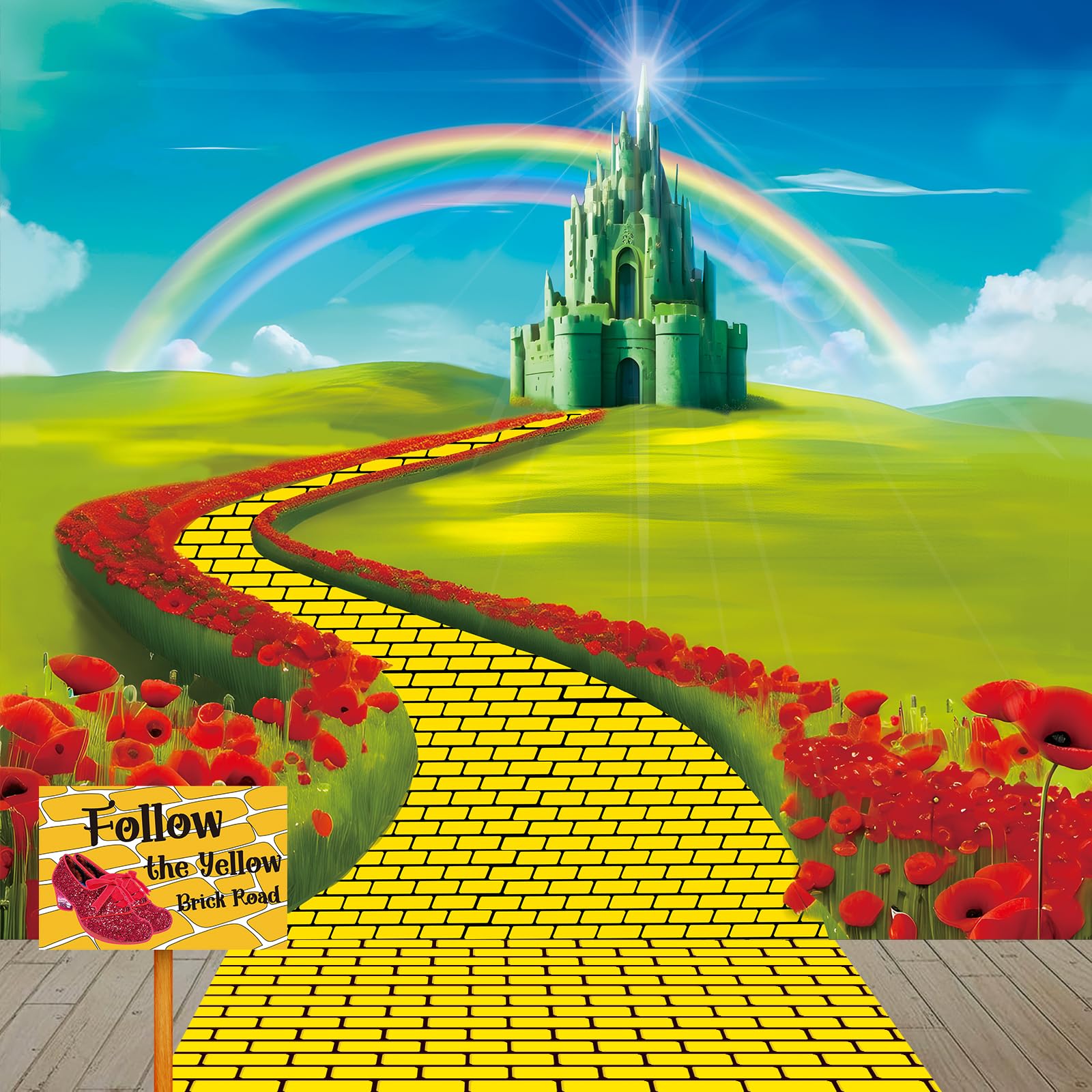 BlissfulTie Trunk or Treat Decorations, Emerald Castle with Yellow Brick Road Runner and Flag Guide, 54" x 108" Backdrop for Wall