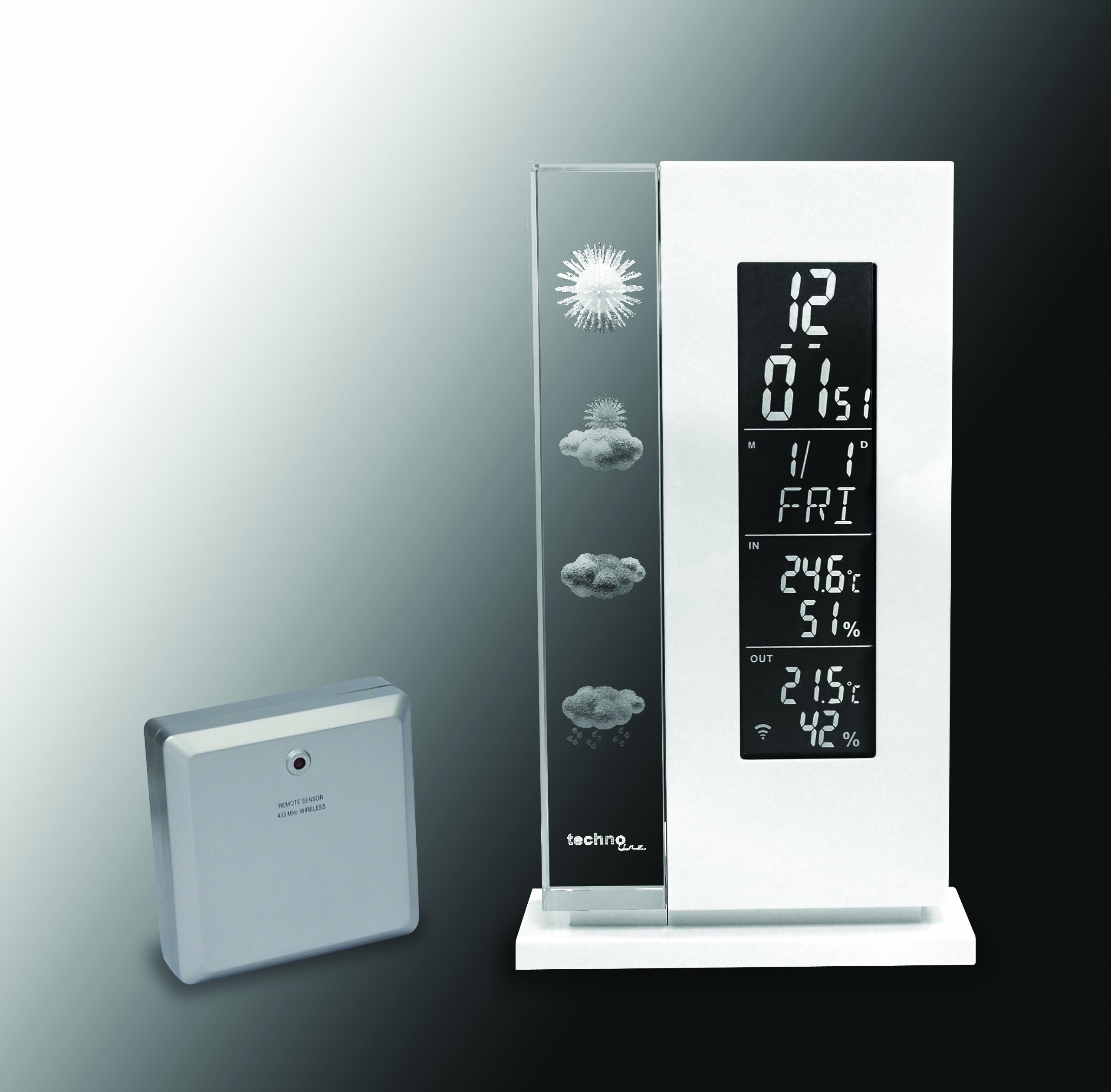 Wetterstation WS 6600 mit Vorhersage von Wettersituation durch in Glas gelaserte 3D-Wettersymbole