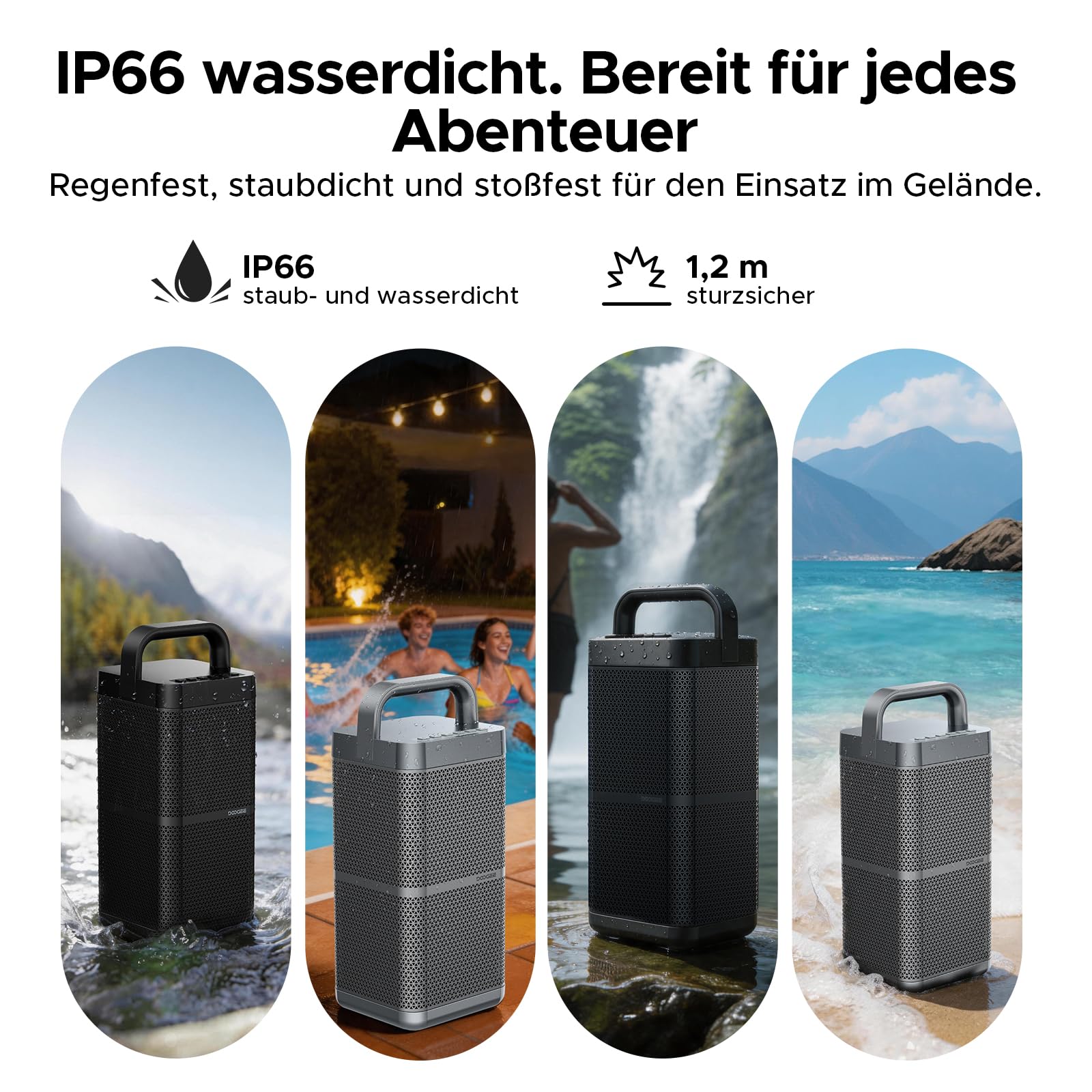 Tragbarer Lautsprecher mit 2.1 Stereoklang, 130W Outdoor Lautsprecher BT 6.0 mit Integrierte Powerbank 40W Schnellladen, IP66, 13Std Akku, TWS-Verbindung Lautsprecher mit Tragegriff, Schwarz