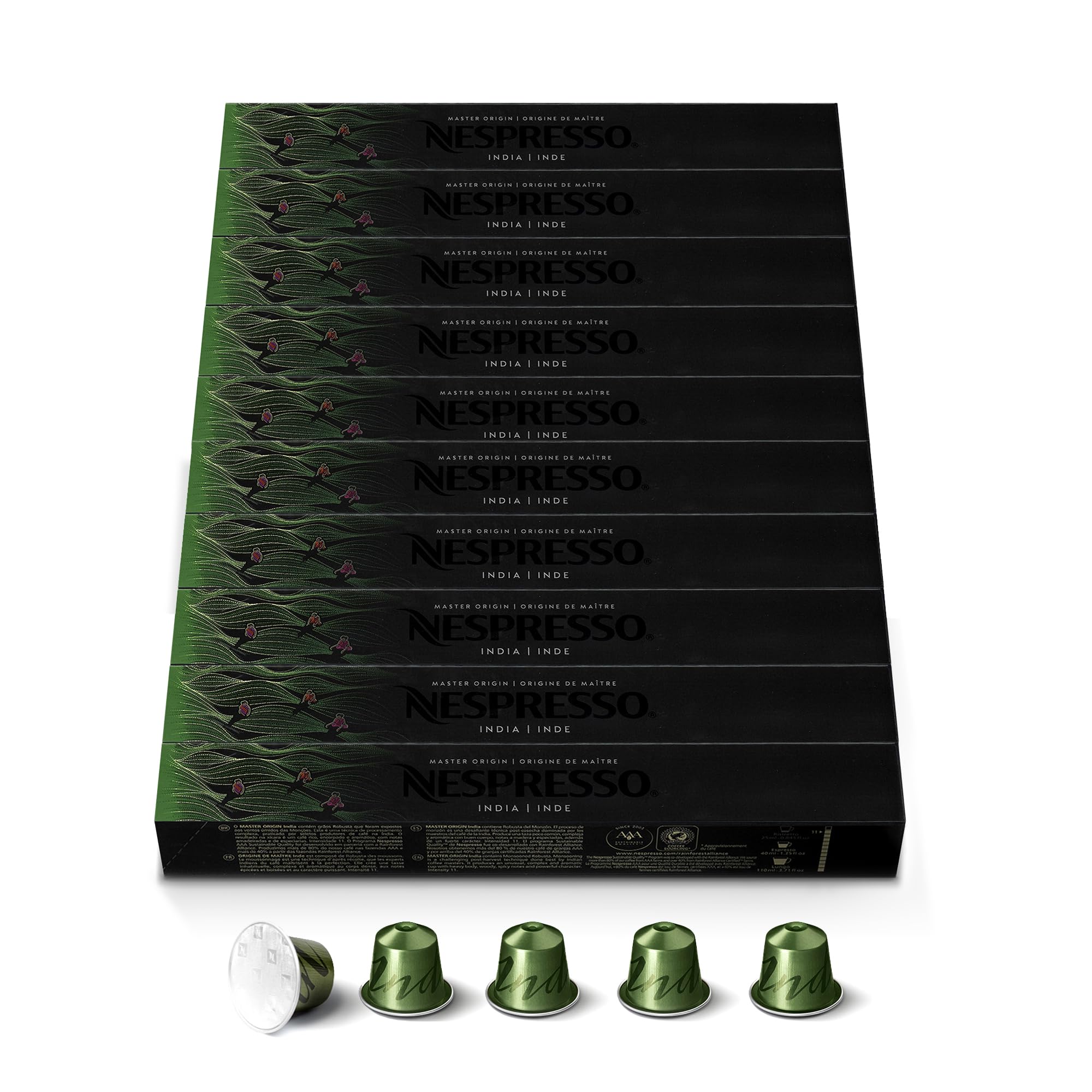 NESPRESSO ORIGINAL India 100 Kaffeekapseln | Arabica & Robusta Kaffee aus Indien, Dunkle Röstung, Intensität 11, Ideal für kräftigen Espresso & Lungo
