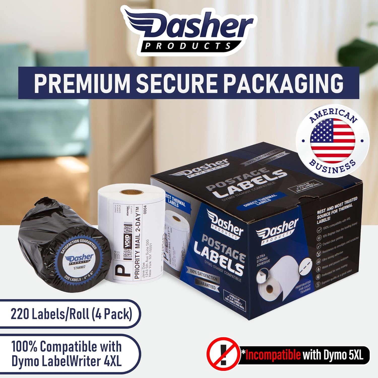 Dasher Products Thermal Shipping Labels Compatible with Dymo LabelWriter 4XL 1744907 4x6 Internet Postage Labels, Water Resistant, Strong Adhesive, Perforated, 220 per Roll, NOT for 5XL (4 Pack) - Image 2