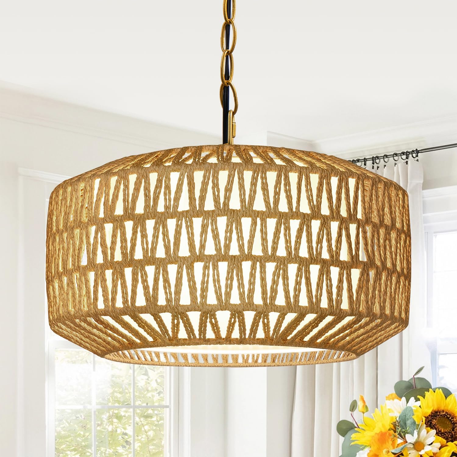 Farmhouse Gold Chandelier Light Fixture, 5-Light Rustic Boho Chandeliers with Rattan & Linen Shade, Gold Hanging Lighting for Dining Room, Kitchen Island, Bedroom (Bulbs Not Included) Gold Coastal