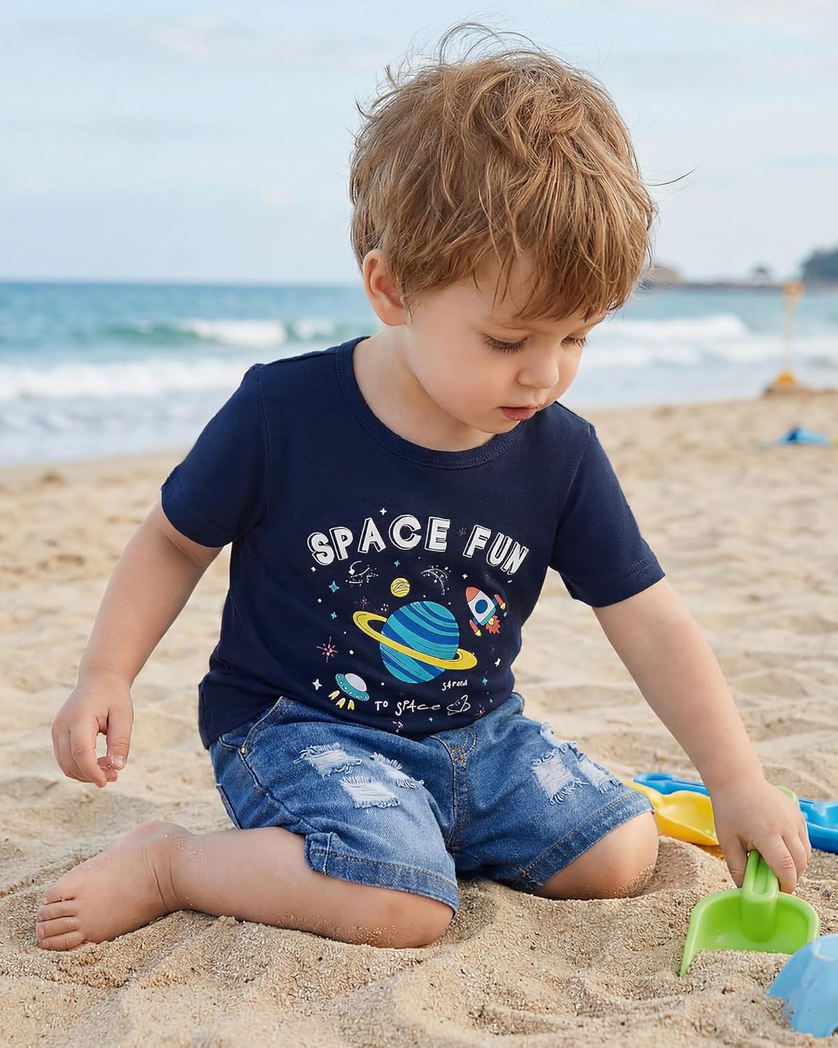 Jecson Toddler Boy Clothes Summer Outfits Short Sleeve T-shirt and Inside Ripped Holes Denim Short Stretch Sets 12M-4T - Image 6