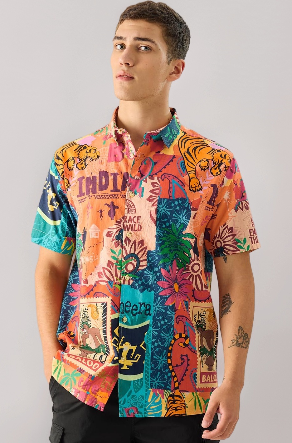 The Souled Store Official Jungle Book: Indie Print Men and Boys Short Sleeve Collared Neck Button Down Regular Fit Cotton Summer Shirts