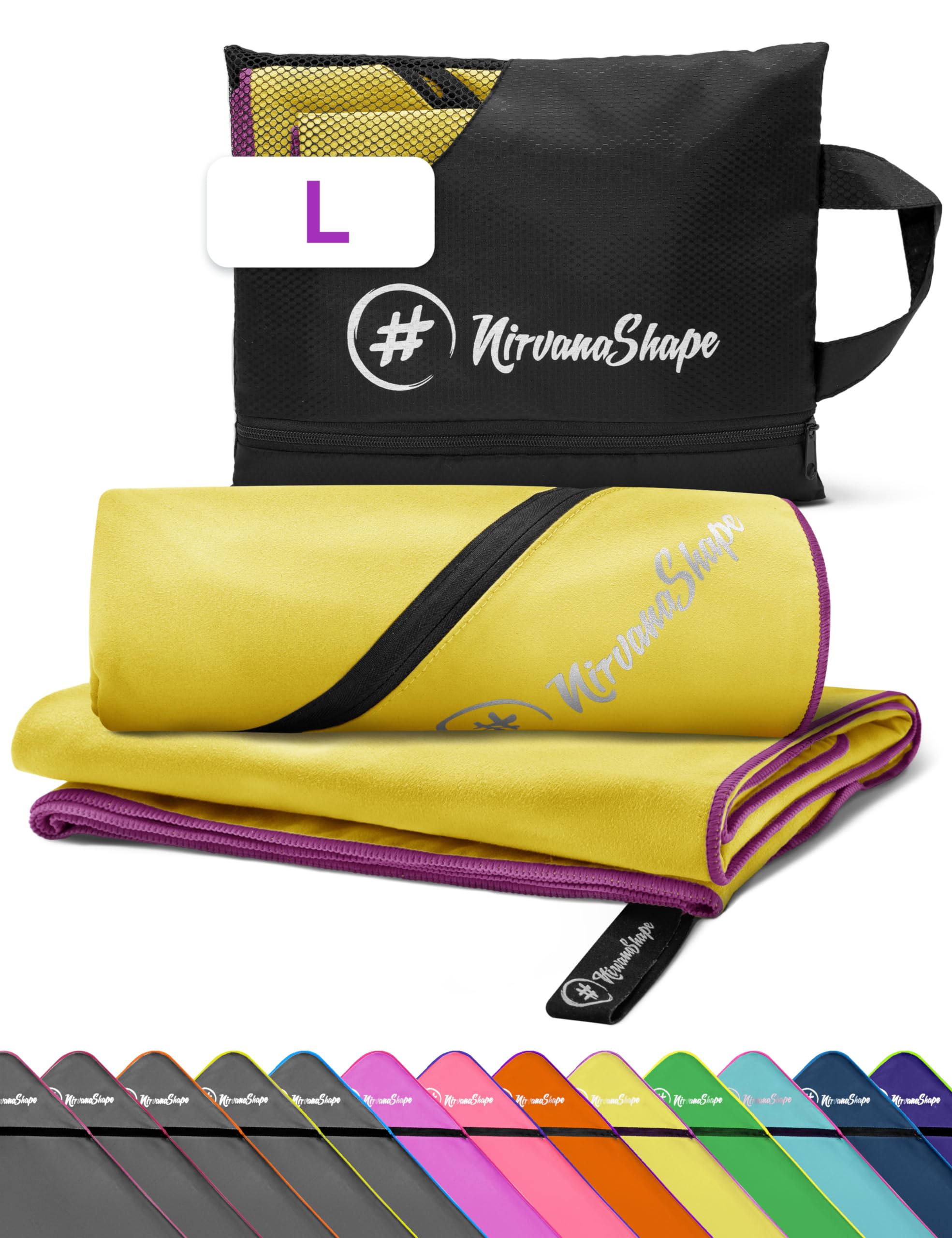 NirvanaShape Microfiber - Travel Towel for Beach Sports, L 140 x 70 cm, Yellow / Violet Seam, L: 140 x 70 cm