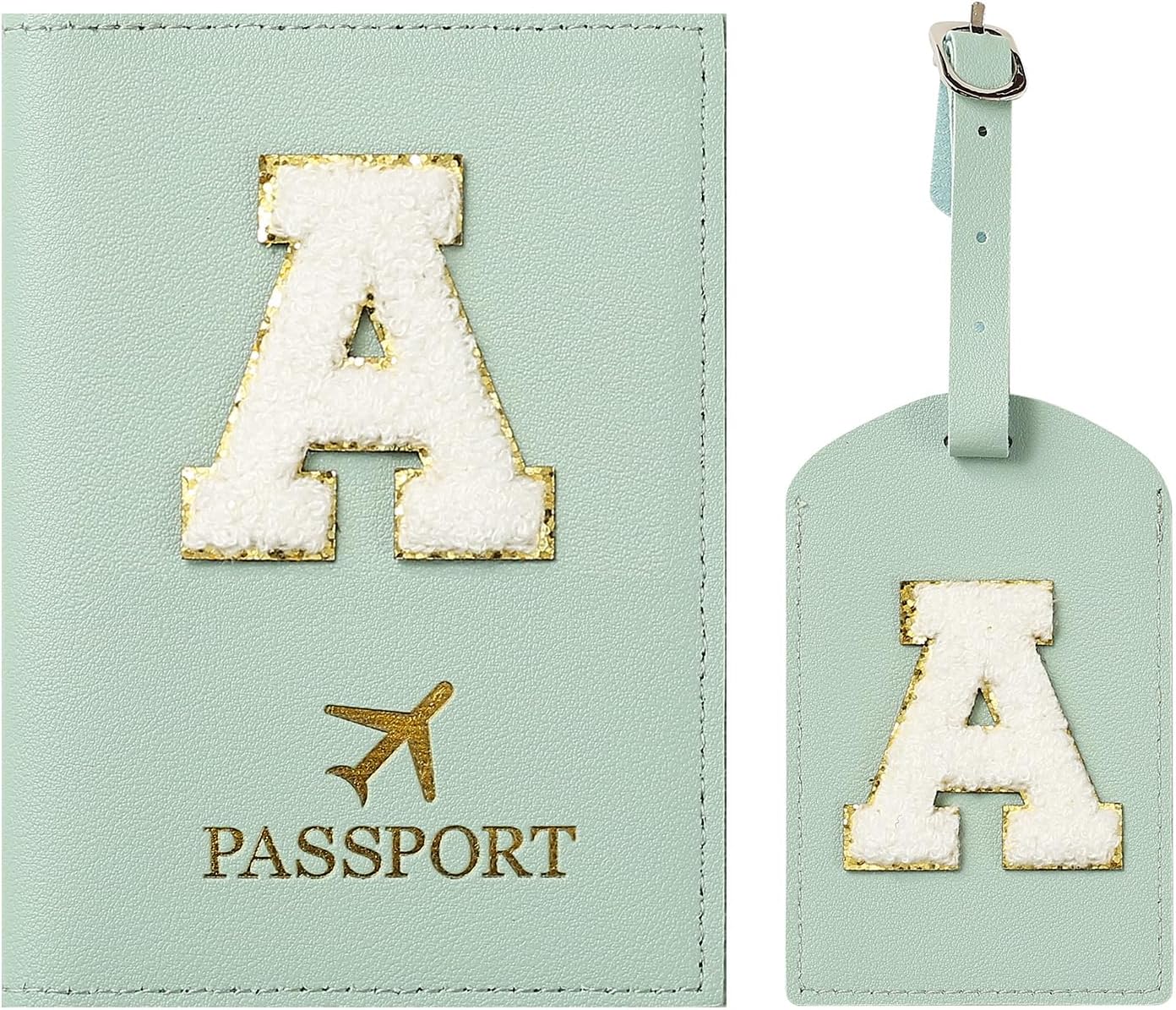 ZVRSUA Green Passport Protector and Suitcase Tag, Passport Pouch with Letter, PU Leather, Gifts Woman Travel Accessories, Very Cute, Suitable for Women, Male, Teenagers, Girls, Green, Green A