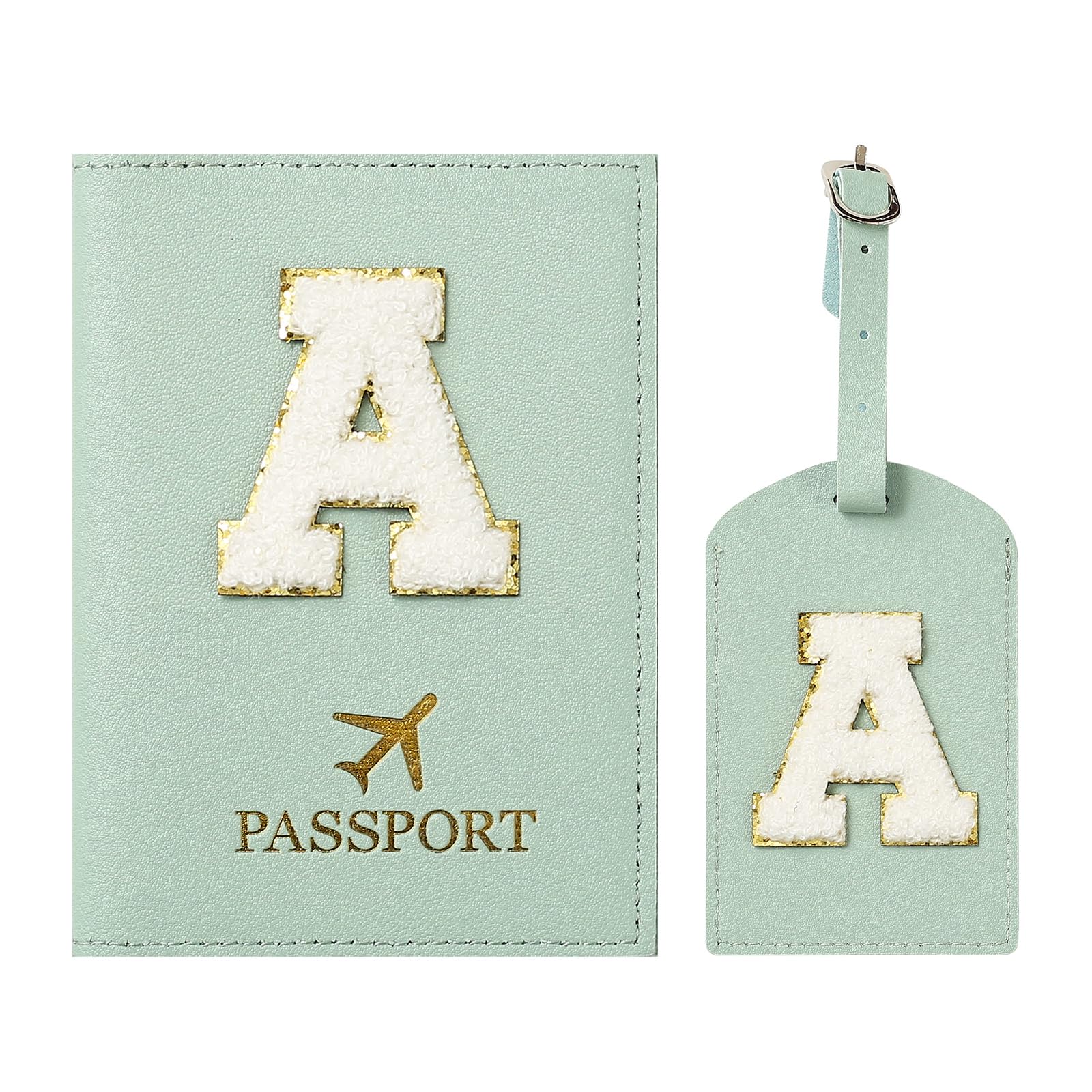 Porta Passaporto Verde ed Etichette per Valigie Cover，Passaporto con Lettere, Pelle PU,Porta Passaporto da Viaggio Donne, Regalo Donna,Uomo,Adolescenti, Ragazze (Verde A)