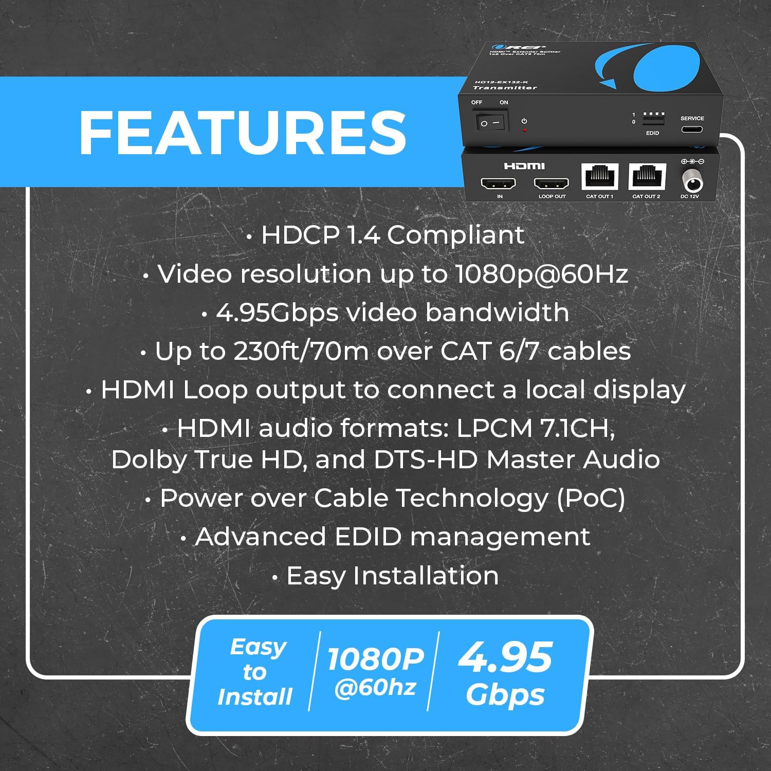 OREI 1x2 HDMI Extender Splitter su singolo cavo CAT6/7 non compresso 1080P con EDID - fino a 132 m - Loop Out - bassa latenza - 1 ingresso 2 uscite 2 canali di trasmissione