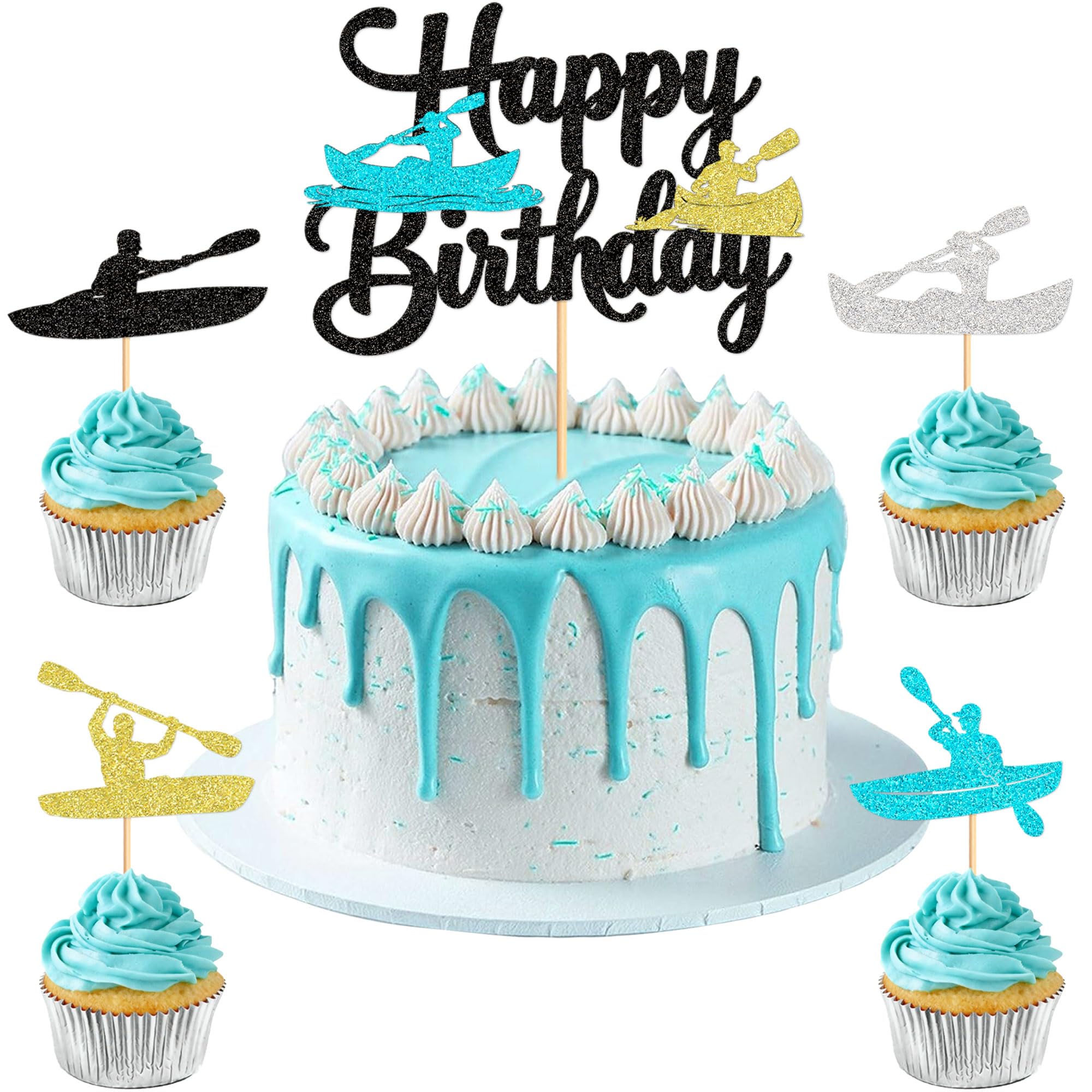 Pack of 25 The Kayak Happy Birthday Cake Toppers, Multicoloured Glitter, The Kayak Silhouette Muffin Picks for Kayakers, Birthday Party Decoration, Water Sports, Paddle Sports Party Decoration โ image 1